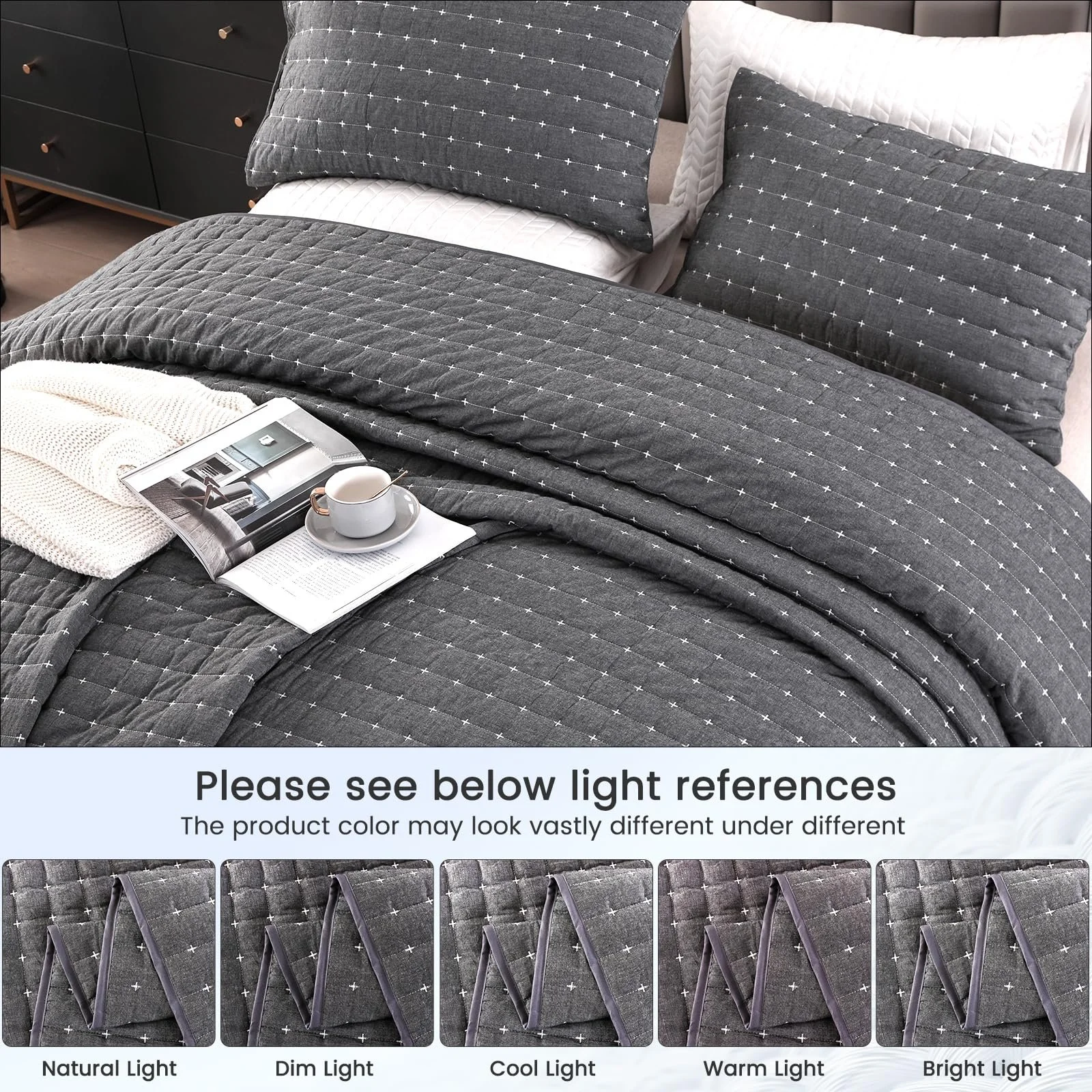 Покрывало Qucover 240 x 260 см, темно-серое, 100% хлопок, ультрамягкое, вышитое, стеганое, с 2 наволочками, плед для дивана, фото №2