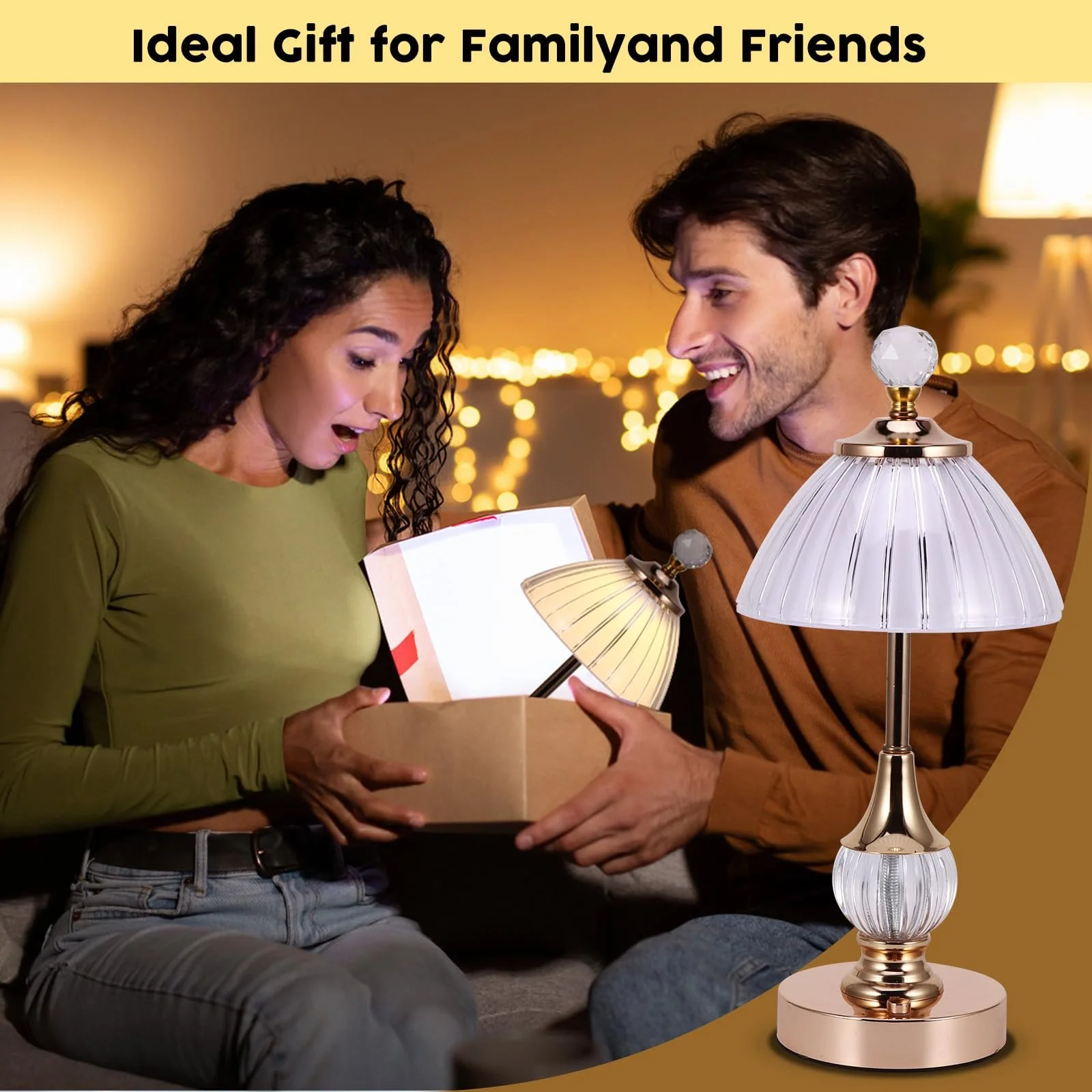 Настільна лампа ALLOMN кришталева світлодіодна акумуляторна сенсорна золота, фото №6