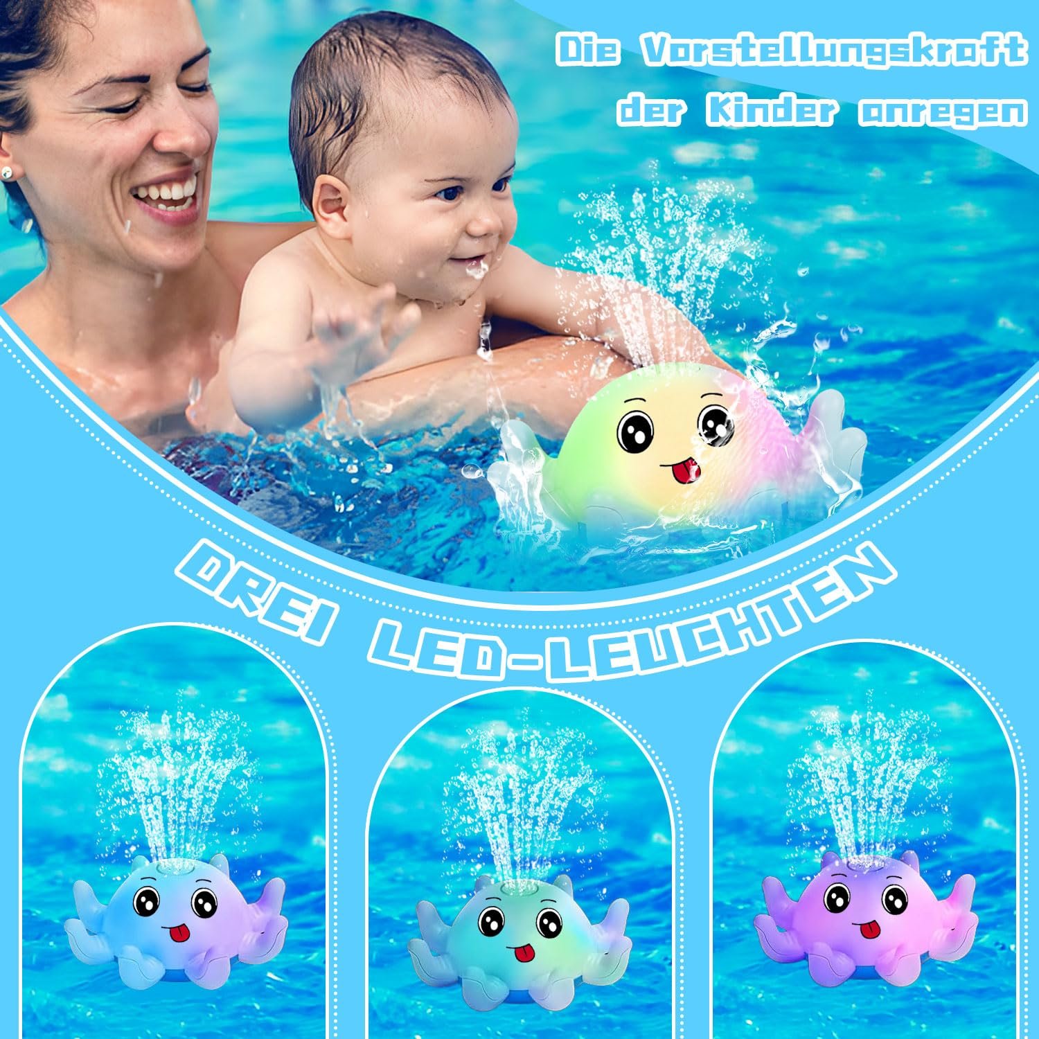 Іграшка для ванни Восьминіг з розпиленням води та світлом Синій, фото №4