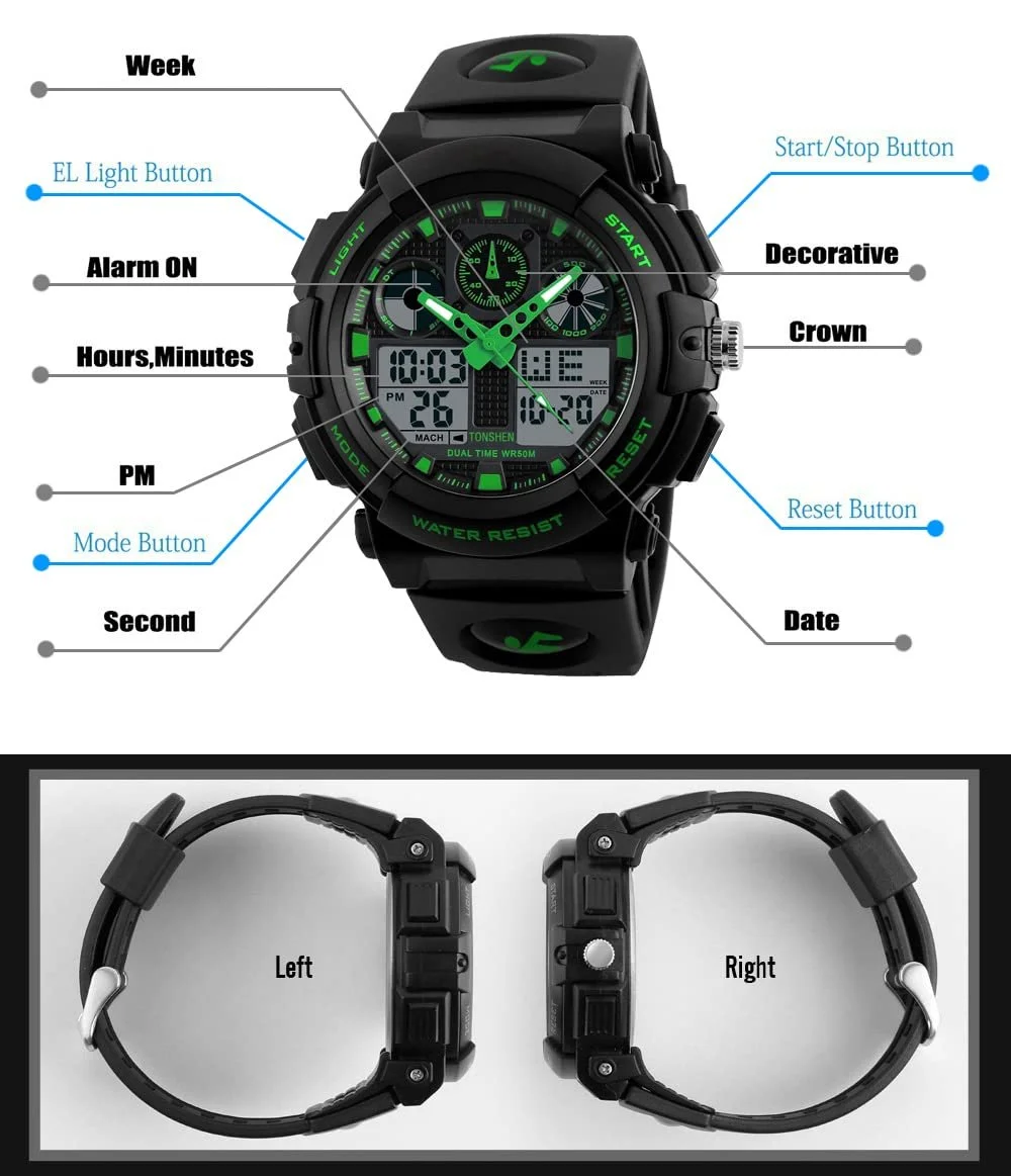 Часы цифровые мужские спортивные LED TONSHEN Military черные, пластиковые, силиконовый ремешок, аналоговые кварцевые, двойное время, 50 м водонепроницаемость, фото №5 Часы цифровые мужские спортивные LED TONSHEN Military черные, пластиковые, силиконовый ремешок, аналоговые кварцевые, двойное время, 50 м водонепроницаемость, фото №5