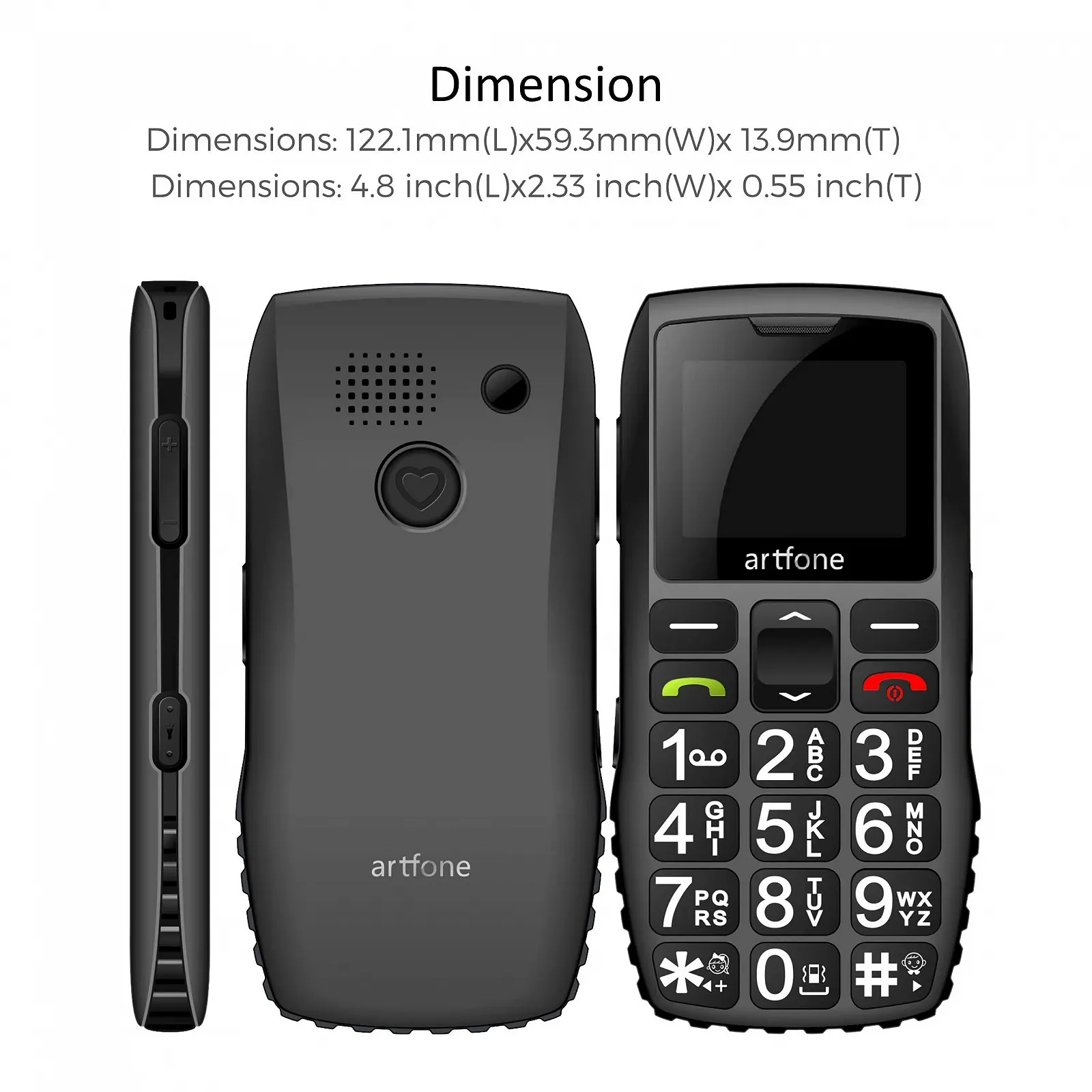 Телефон artfone C1+ для пожилых людей, Dual SIM, кнопка экстренного вызова, крупные кнопки, аккумулятор 1400 mAh, большое время ожидания, 1.77-дюймовый цветной дисплей, фото №2