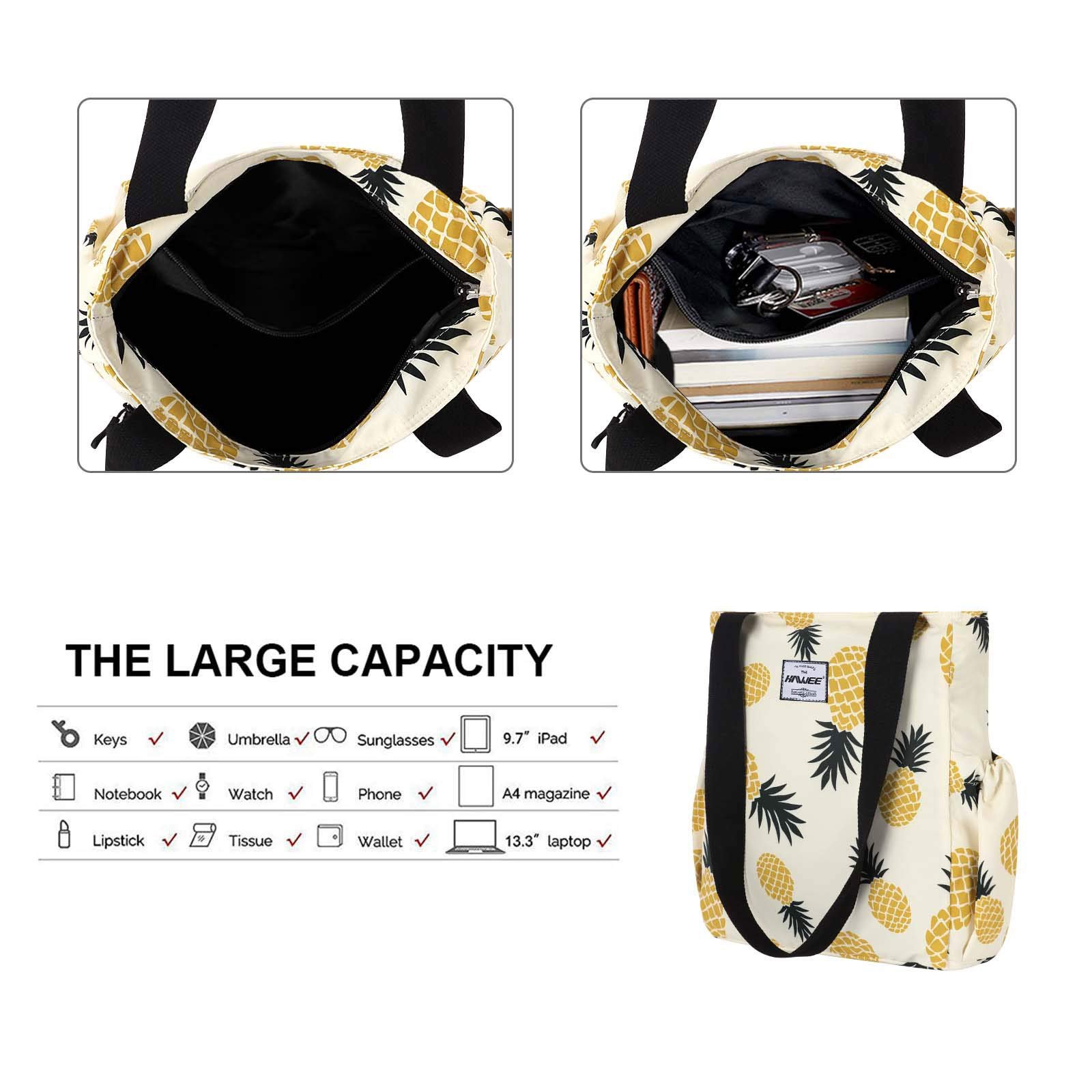 Сумка Hawee, жіноча, з блискавкою, повсякденна, велика, для покупок, водонепроникна, для подорожей, роботи, школи, повсякденного життя, спортзалу, пляжу, ананас, фото №5