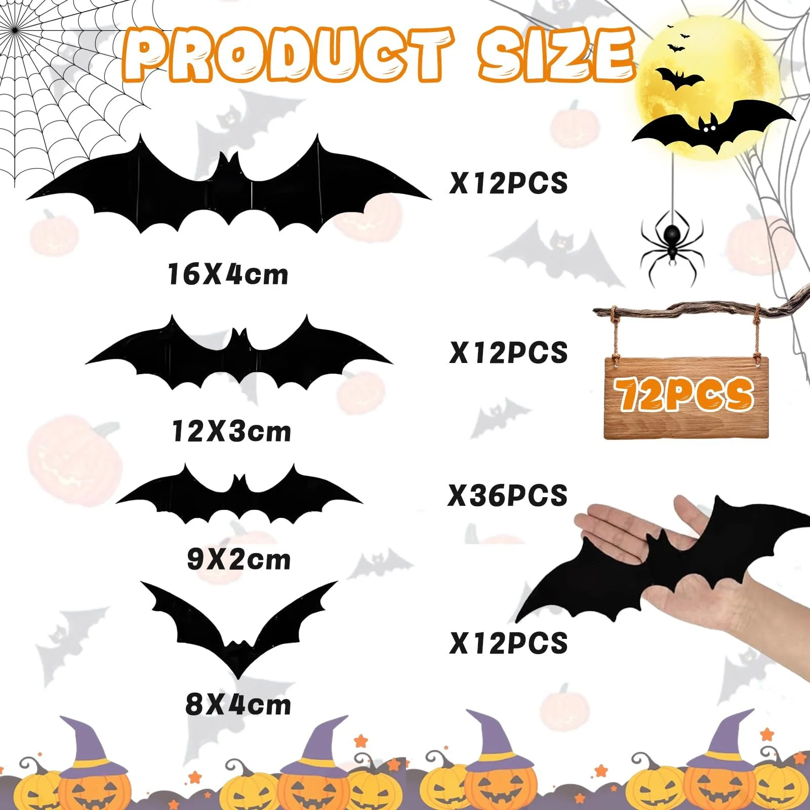 Настінні наклейки 72 шт. Halloween Hanging Bat 3D DIY Чорні 14 x 15,5 см, фото №2