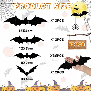 Настінні наклейки 72 шт. Halloween Hanging Bat 3D DIY Чорні 14 x 15,5 см synthetic.ua - Фото 1