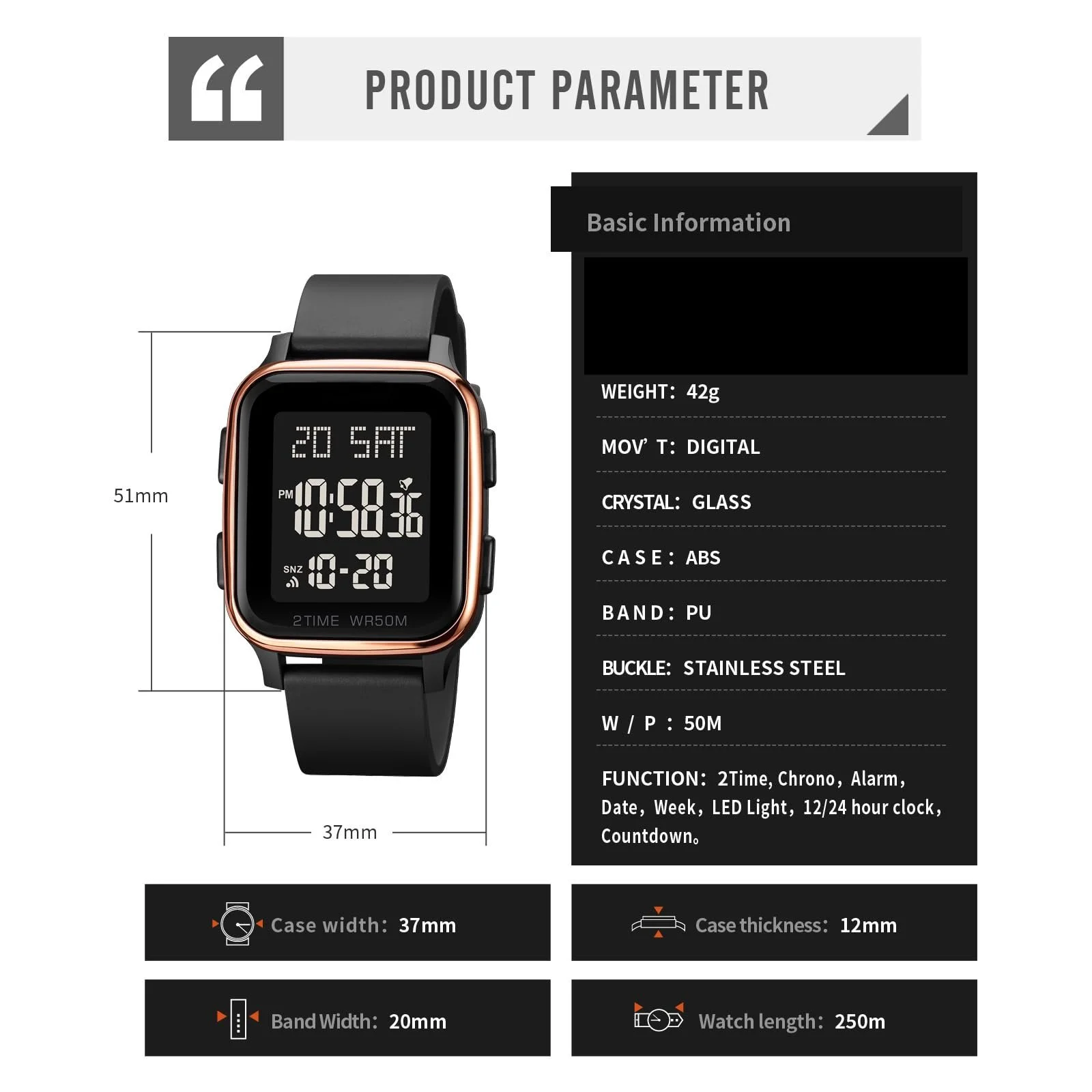 Цифровые LED часы Findtime Мужские Женские Прямоугольные Квадратные Большие Цифры Унисекс Мужские Спортивные Водонепроницаемые Двойное Время Таймер Секундомер Черный, фото №7
