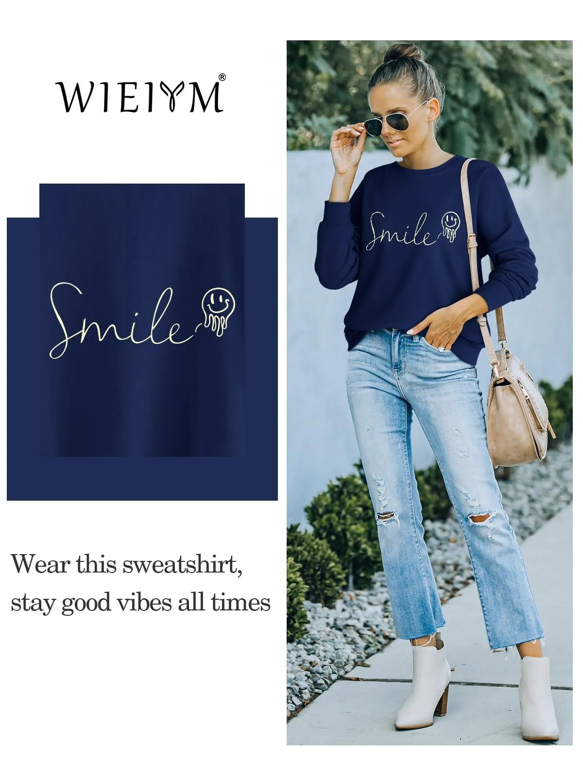 Женская Толстовка WIEIYM Smile Хлопковая Графическая С круглым вырезом Свитшот Смешная С длинными рукавами Базовая Кофта для Весны Осени Зимы, фото №4