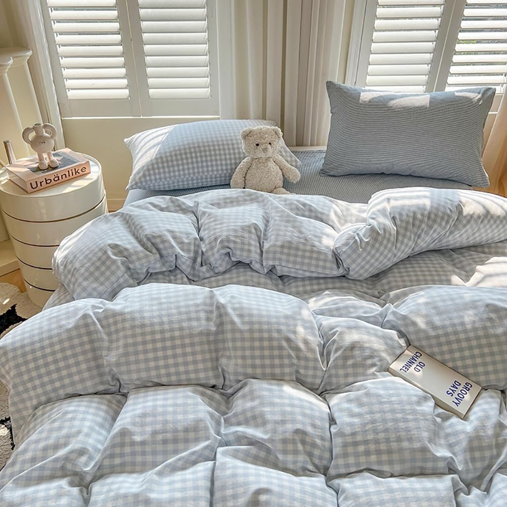 Постільна білизна Covebett 135 x 200 см, синьо-біла, в клітинку, сучасний комплект підодіяльника в стилі заміського будинку, геометричний картатий візерунок, з мікрофібри, праний, підодіяльник і наволочка 80 x 80 см на блискавці, фото №4