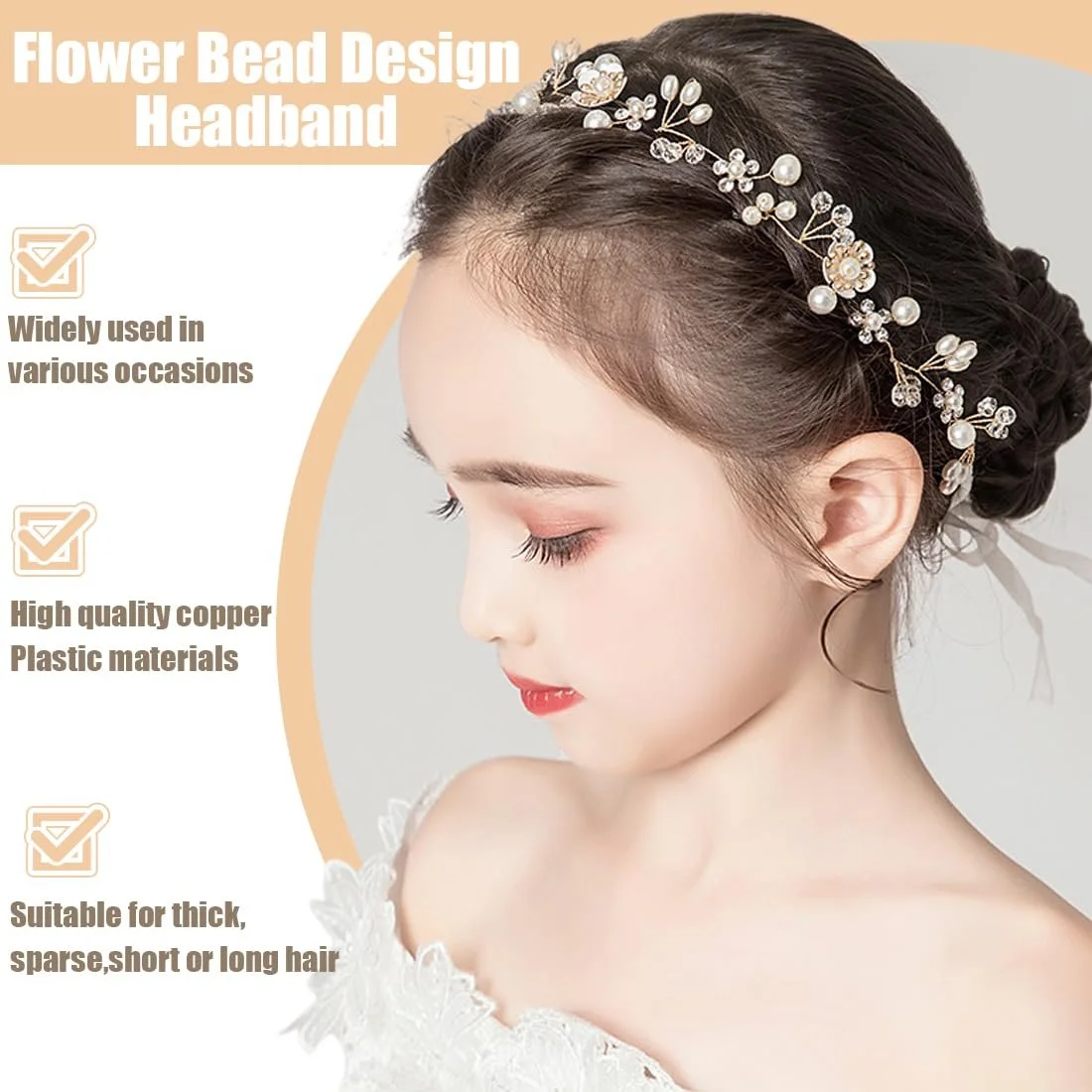 Вінок для волосся жіночий, весільний, золотий, з перлинами, стразами, квітами та стрічкою, фото №3