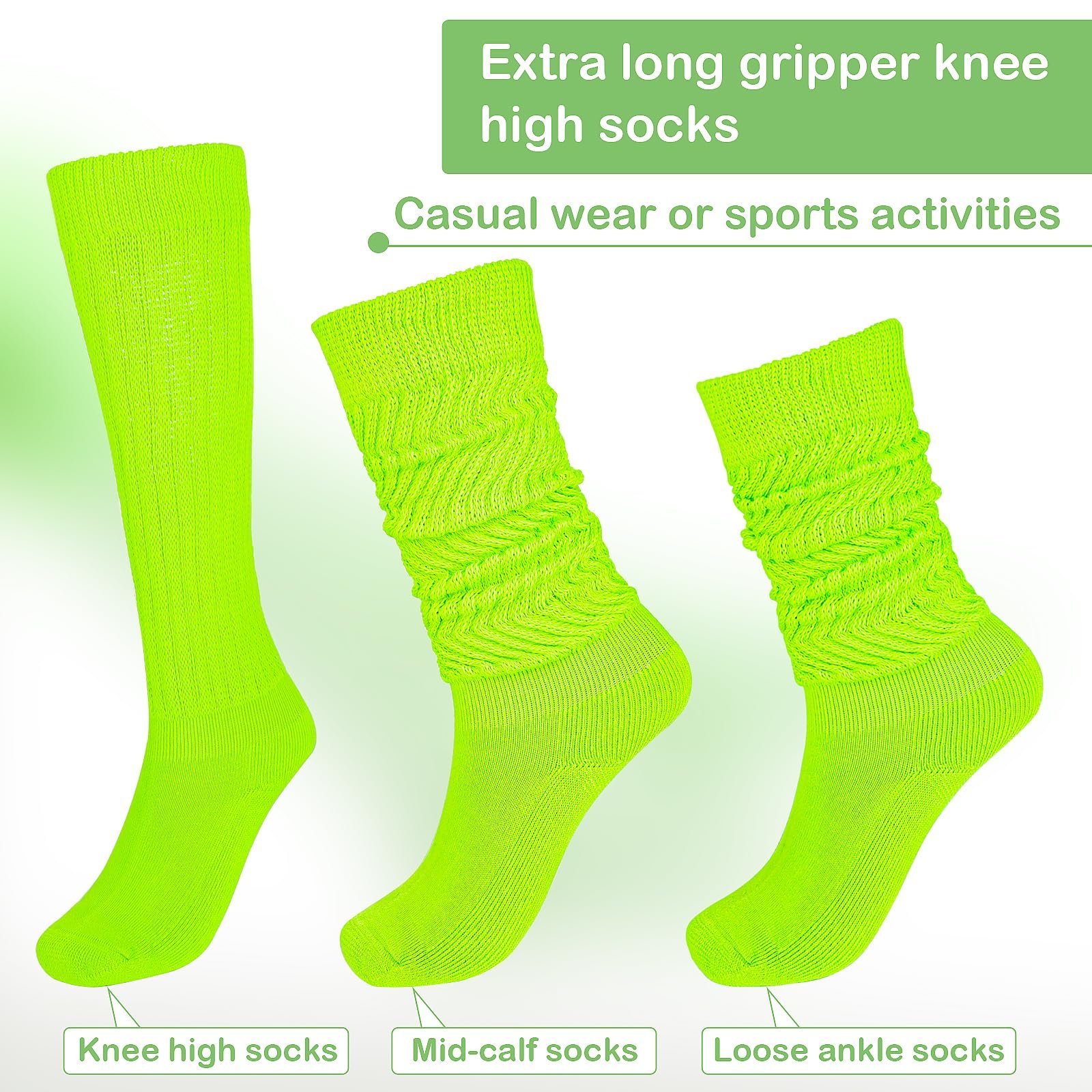 Длинные носки-слаучи 2 пары Неоновые носки для одежды Женские чулки Леггинсы в стиле 80-х Теннисные носки Неоновые повседневные носки Очень длинные носки для складывания Высокие носки для сапог Размеры 9-11, фото №4