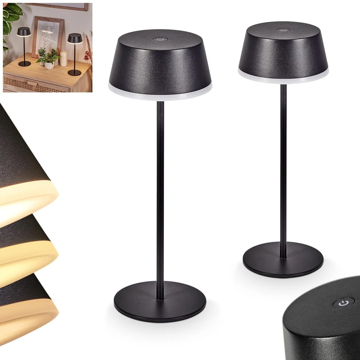 Настільна лампа LED HOFSTEIN Romdrup Набір з 2 шт. Метал/Пластик USB-C Акумулятор IP44 Чорний/Білий, фото №1