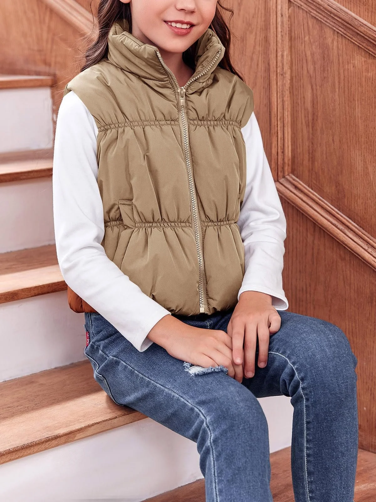 Жилет Haloumoning Зимний для девочек, стоячий воротник, без рукавов, теплая куртка, детский стеганый жилет, милая верхняя одежда, легкий жилет, фото №3