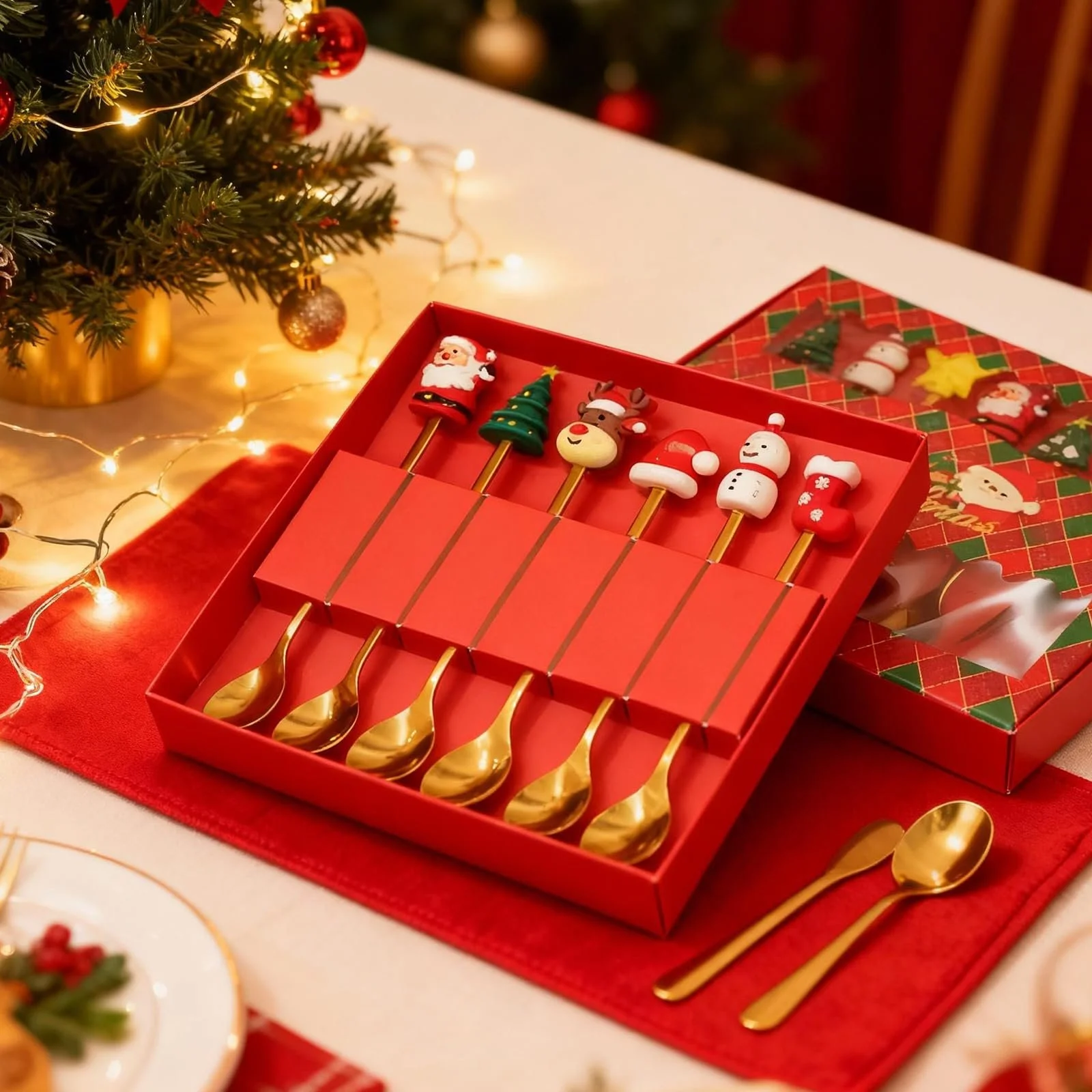 Ложка Різдвяна Набір 6 шт Золоті різдвяні прибори з фігурками, фото №5