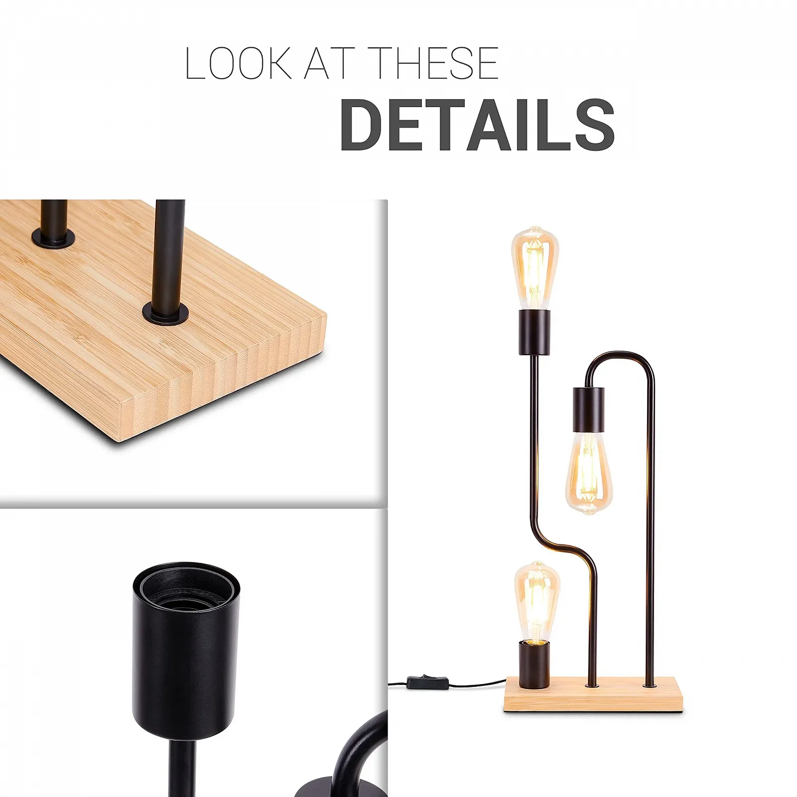 Настільна лампа Paco Home E27 Ретро Дерево Метал, фото №5