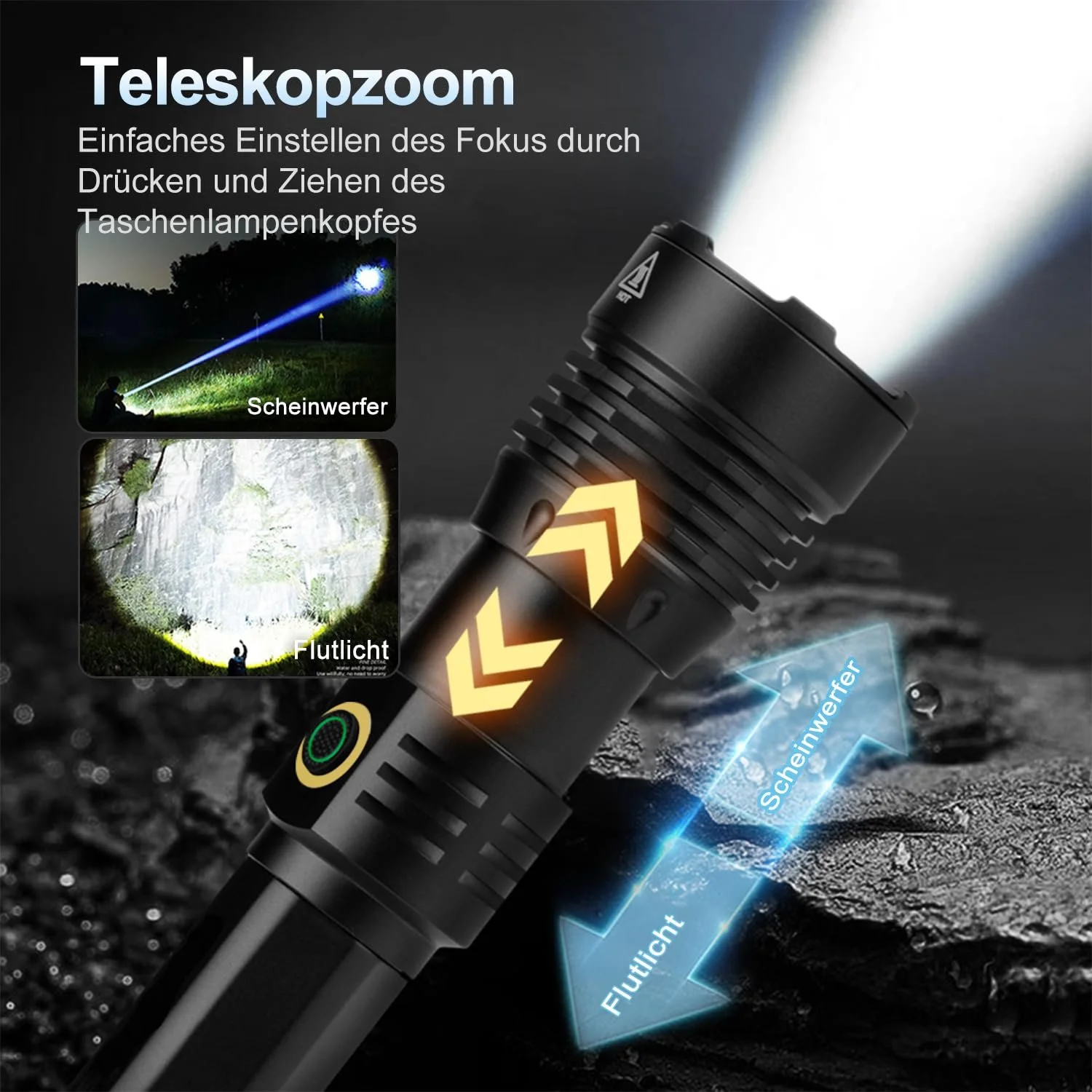 LED Ліхтар ASORT Надзвичайно яскравий 500 000 люмен, Супер яскравий Zoomable USB Перезаряджуваний Тактичний з 6 режимами освітлення, IP67 Водонепроникний з кобурою для кемпінгу, походів, активного відпочинку, надзвичайних ситуацій, фото №5