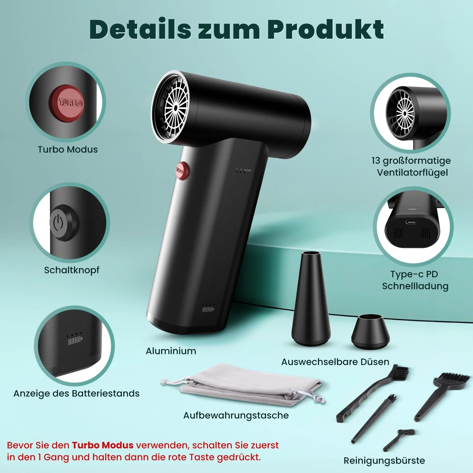 Електрична повітродувка Металевий корпус 150000 RPM 3 швидкості Бездротова, фото №3