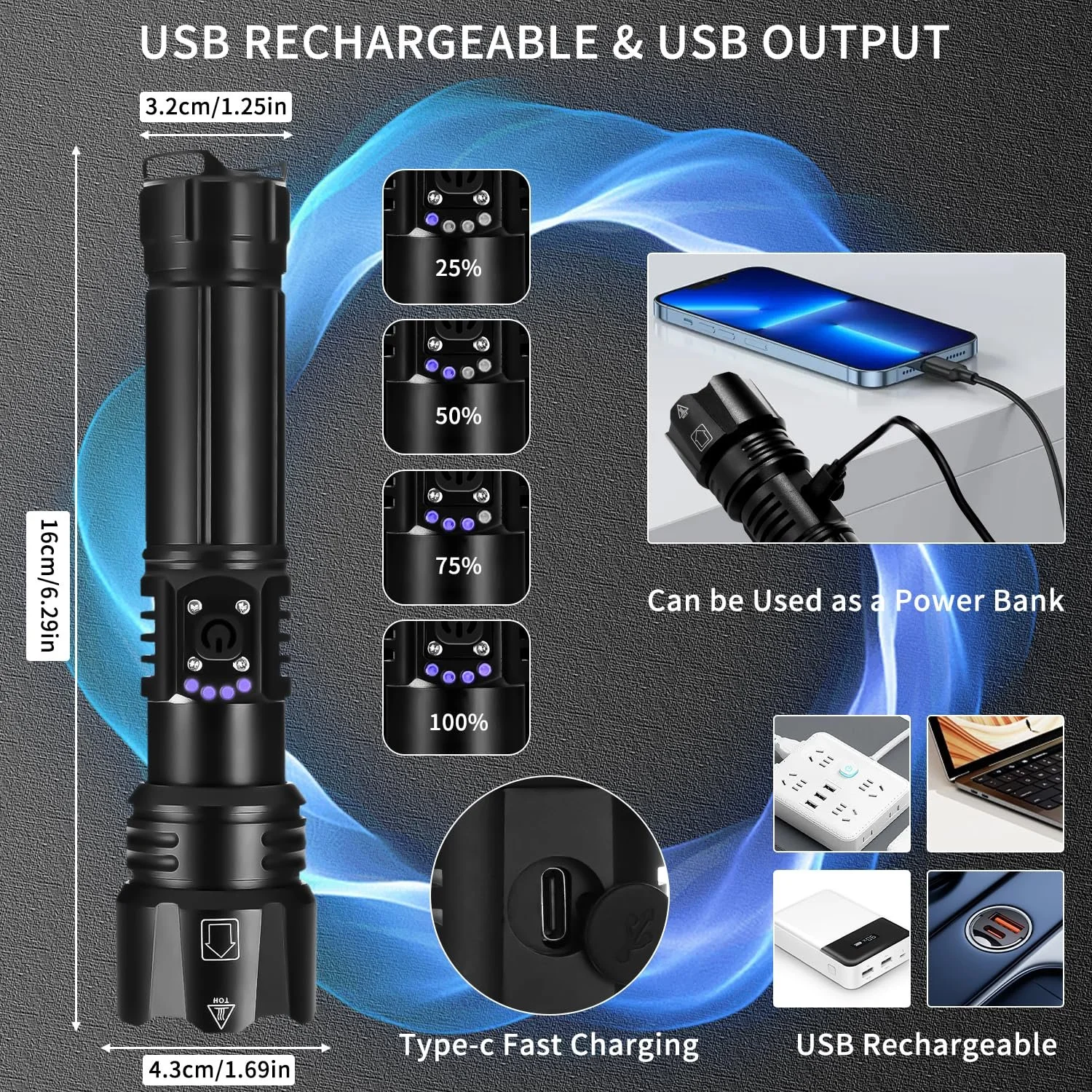 LED Ліхтар Azyvum XHP70.2 100000 люмен, масштабований, тактичний, 5 режимів освітлення, IP67 водонепроникний, фото №5