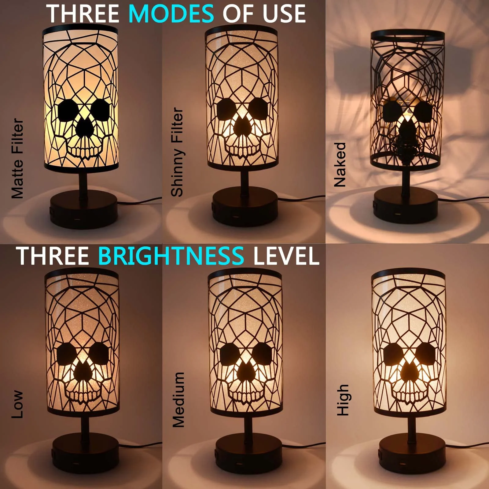 Настільна лампа Skull сенсорна з регулюванням яскравості, 2 порти USB, 3 рівні яскравості, ретро E27 метал, чорний, фото №4