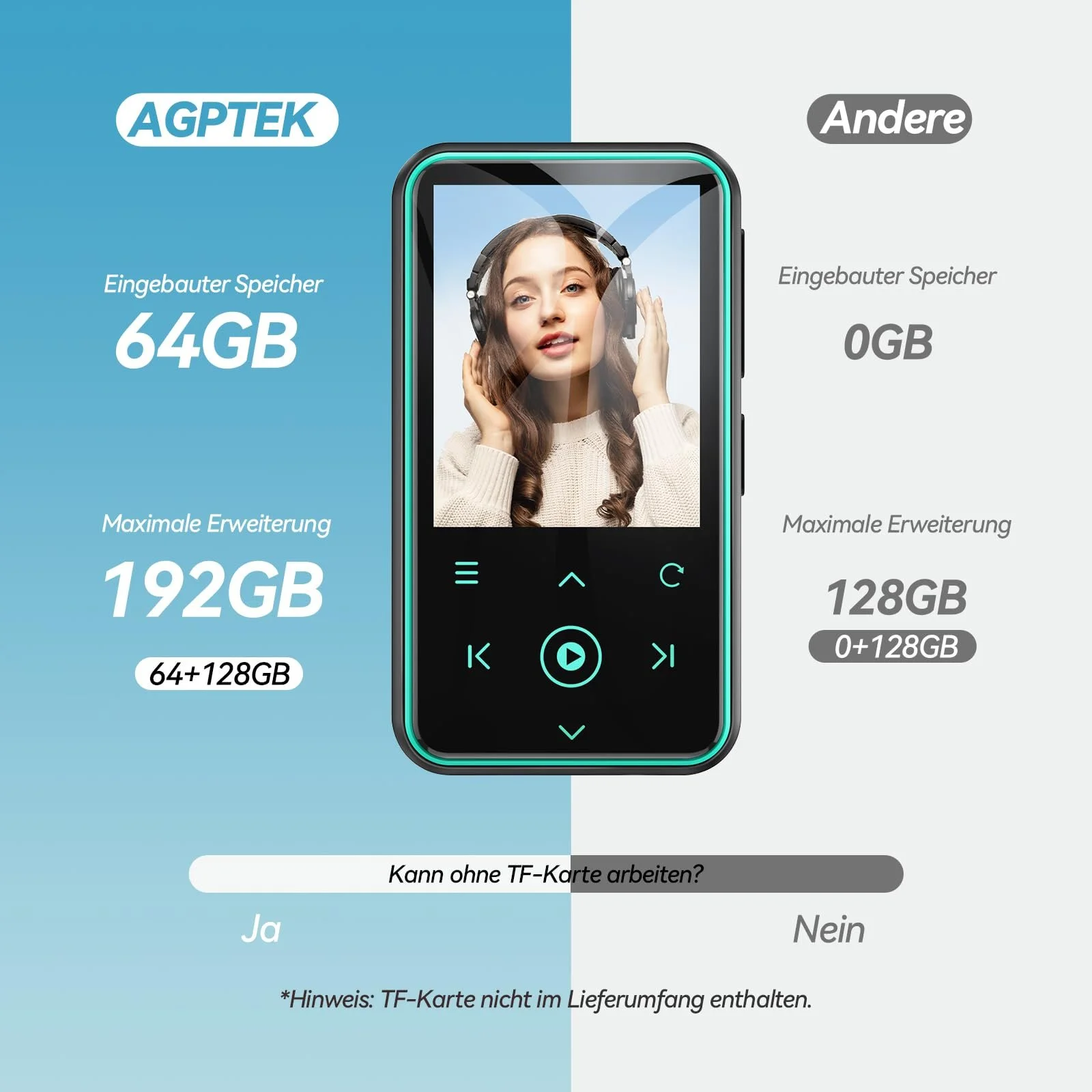 MP3-плеєр AGPTEK 64GB з кліпсою для спорту, Bluetooth 5.3, 1.8-дюймовий TFT кольоровий екран, міні-музичний плеєр з сенсорними кнопками, FM-радіо, крокомір, підтримка SD-карти до 128GB, синій, фото №6