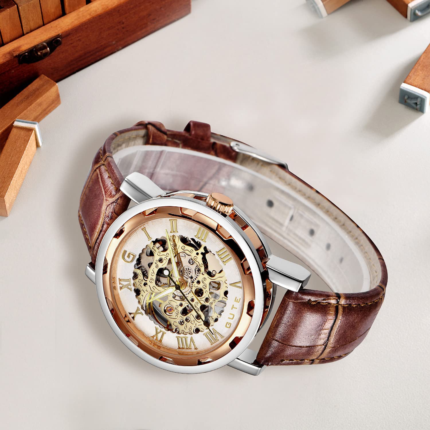Механические наручные часы с ручным заводом GuTe Steampunk Bling Skeleton, корпус розовое золото, фото №3 Механические наручные часы с ручным заводом GuTe Steampunk Bling Skeleton, корпус розовое золото, фото №3