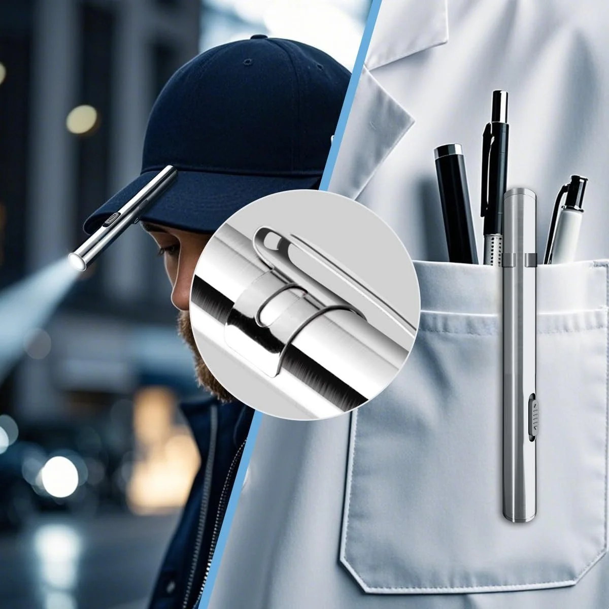 Ручний ліхтар WholeFire 3 шт LED Акумуляторний USB Міні кишеньковий Ручка з нержавіючої сталі Водостійкий для сумочки з кліпсою + USB-кабель для механіків, фото №5