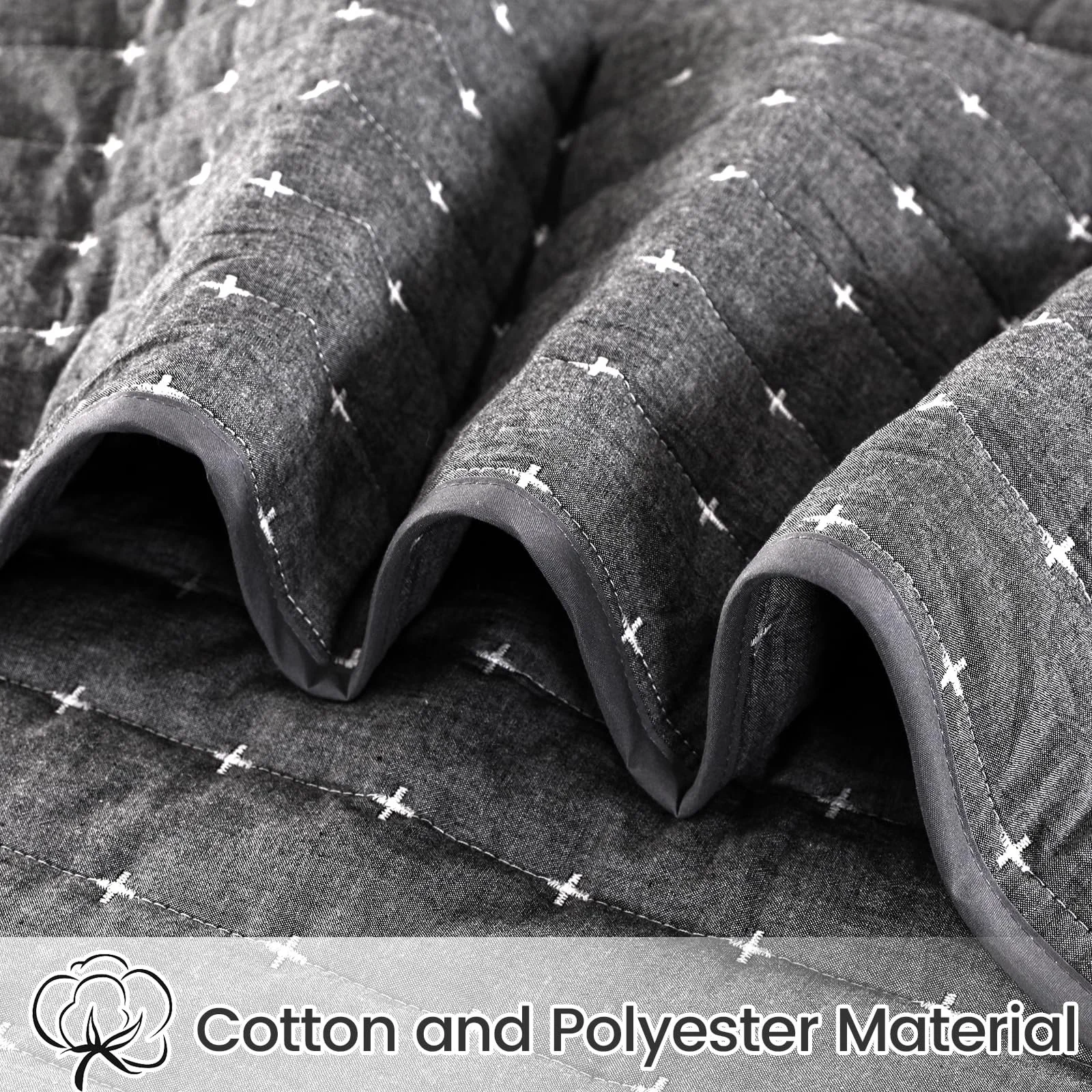 Покрывало Qucover 240 x 260 см, темно-серое, 100% хлопок, ультрамягкое, вышитое, стеганое, с 2 наволочками, плед для дивана, фото №5