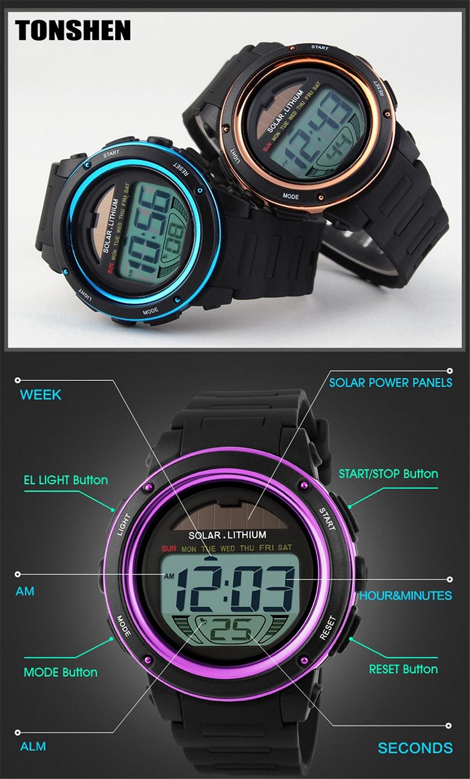 Часы TONSHEN Унисекс Солнечный Цифровой Мода LED Водонепроницаемый 50 м Спортивный Ремешок Резина Пластик Военный, фото №4 Часы TONSHEN Унисекс Солнечный Цифровой Мода LED Водонепроницаемый 50 м Спортивный Ремешок Резина Пластик Военный, фото №4