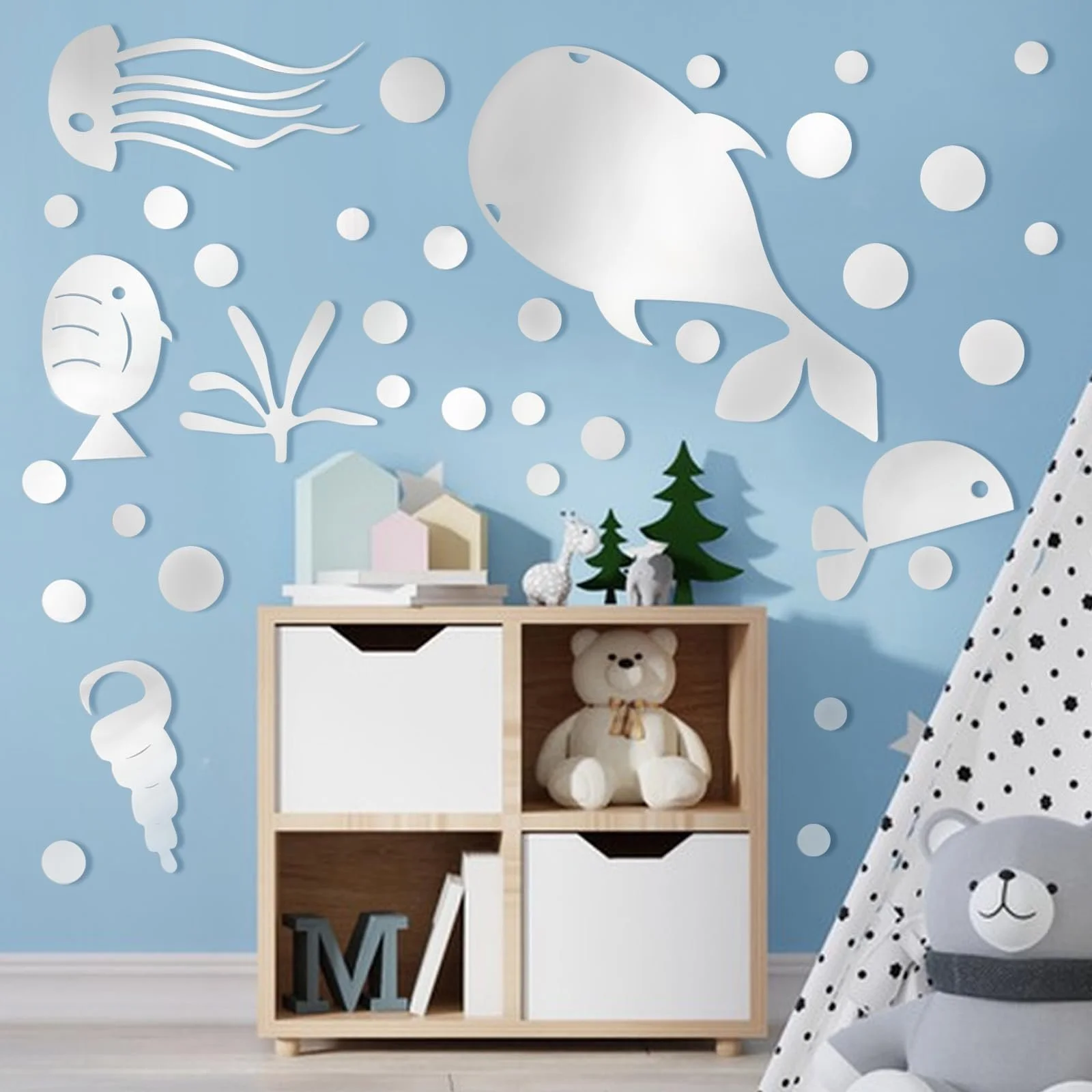 Наклейка на стіну 3D Акрилова Рибки та бульбашки Дзеркальна Срібляста, фото №3 Наклейка на стіну 3D Акрилова Рибки та бульбашки Дзеркальна Срібляста, фото №3