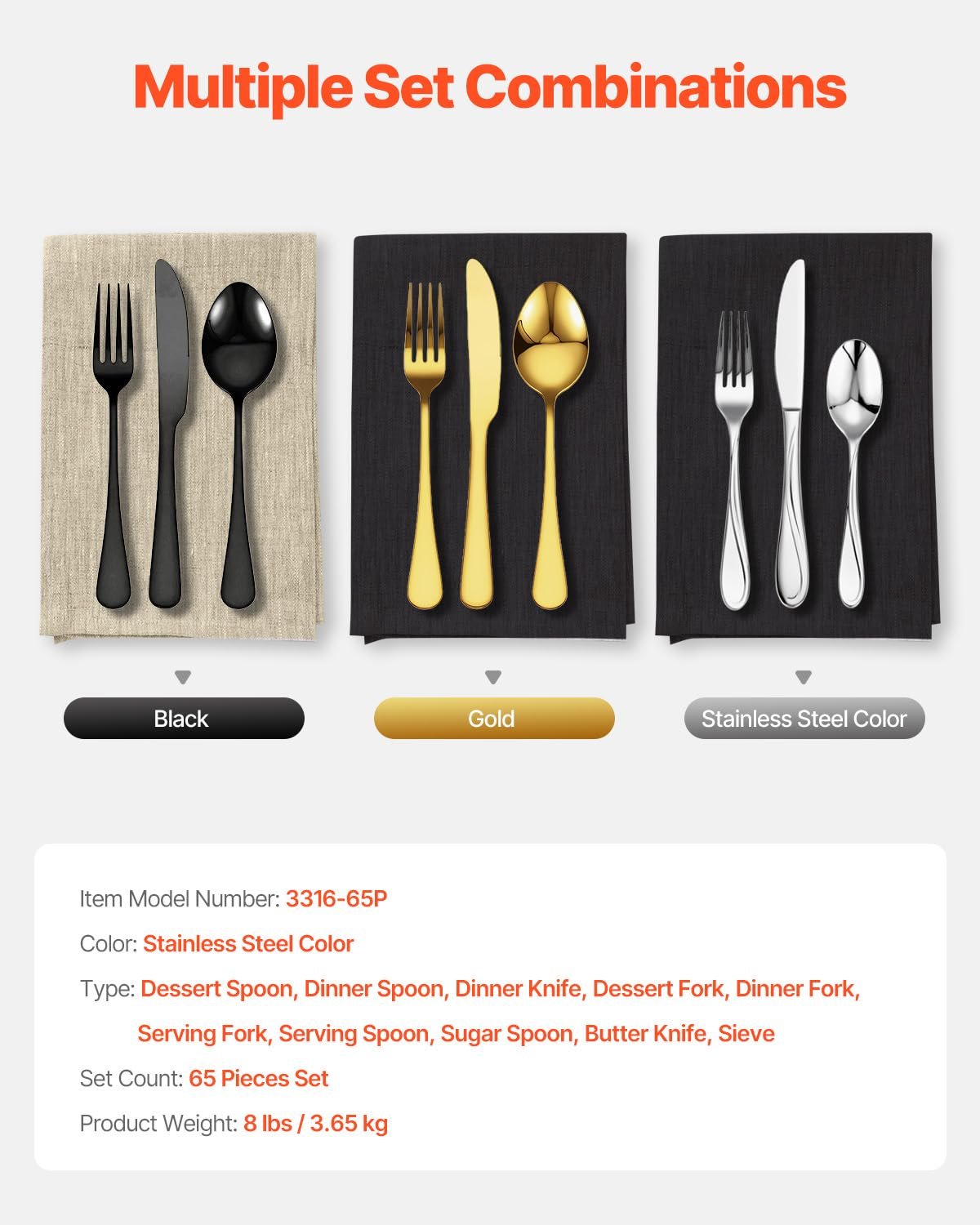 Набор столовых приборов VEVOR на 12 персон, 65 предметов из пищевой нержавеющей стали, фото №7 Набор столовых приборов VEVOR на 12 персон, 65 предметов из пищевой нержавеющей стали, фото №7