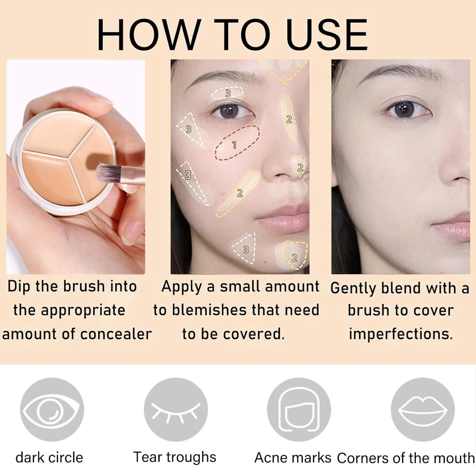 Палетка консилеров 3 цвета, корректирующий консилер 3 в 1 для макияжа, чтобы скрыть тени и пятна, корректирует и маскирует темные круги и пятна, с кистью, фото №6