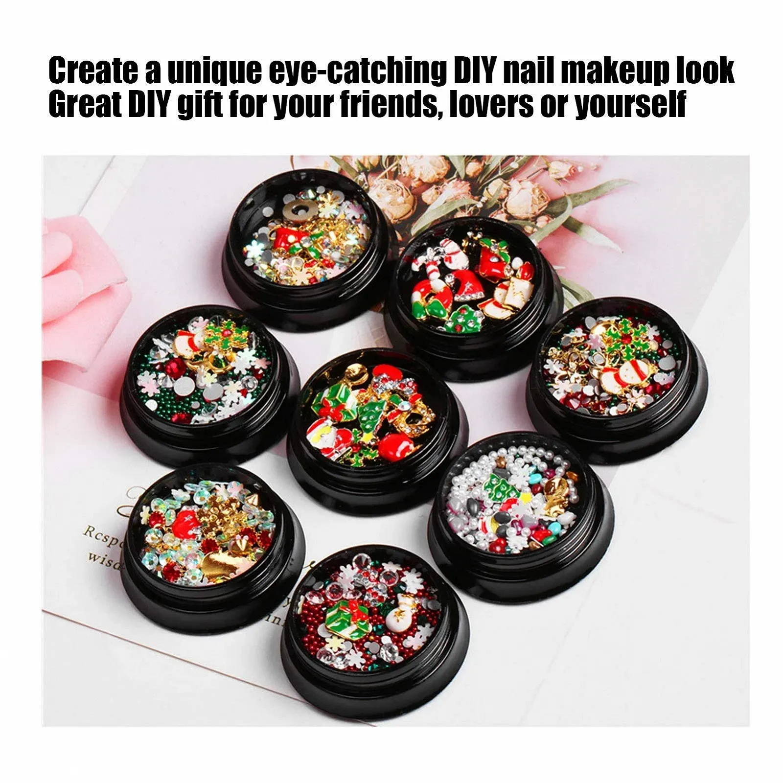 Стразы для ногтей Рождественские 8 коробок, Рождественские украшения для ногтей, Металлические пуговицы для ногтей, Рождественский декор для ногтей, фото №6