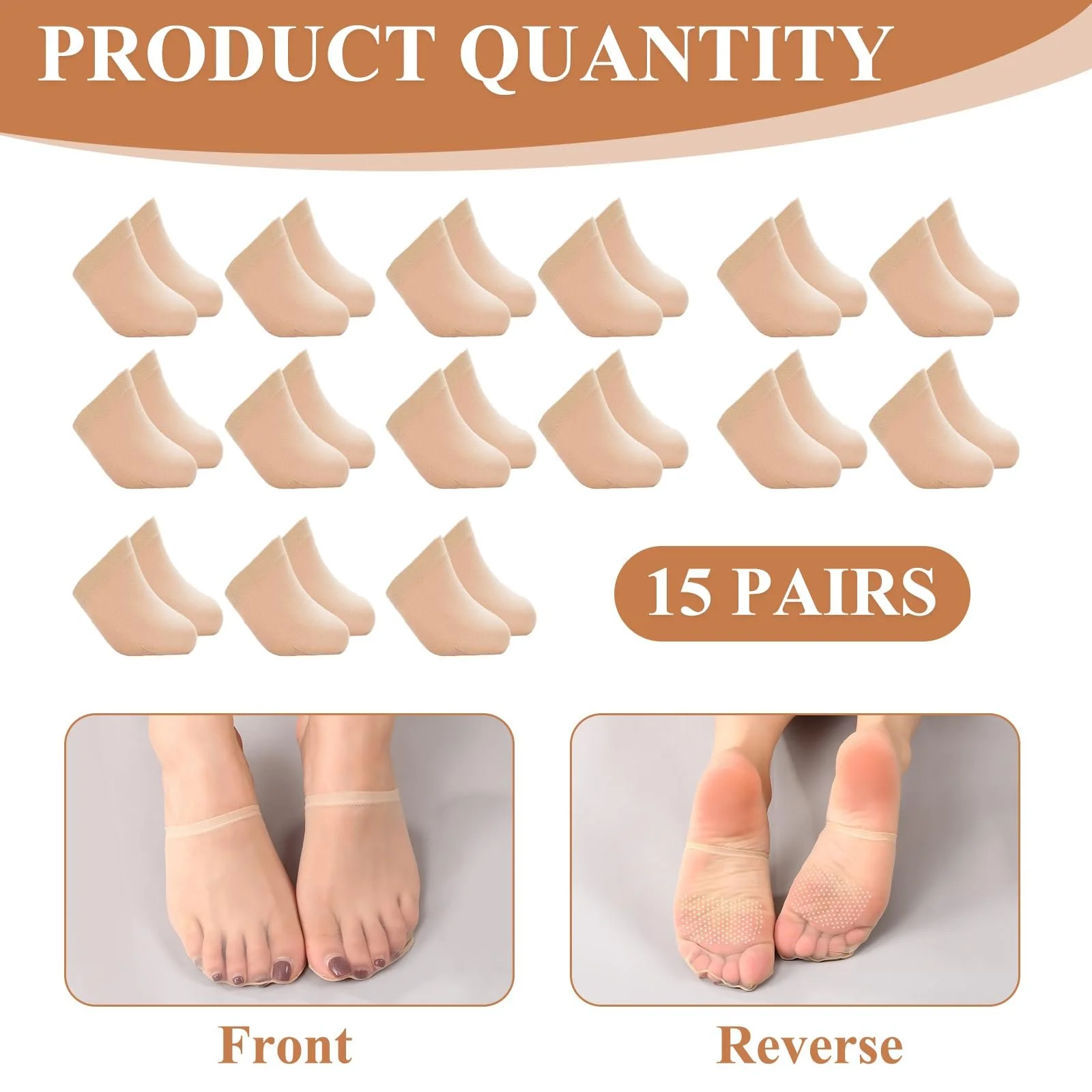 Носки для пальцев женские 15 пар Нейлоновые носки до щиколотки Тонкие невидимые носки для передней части стопы с нескользящими силиконовыми пупырышками кремового цвета, фото №4