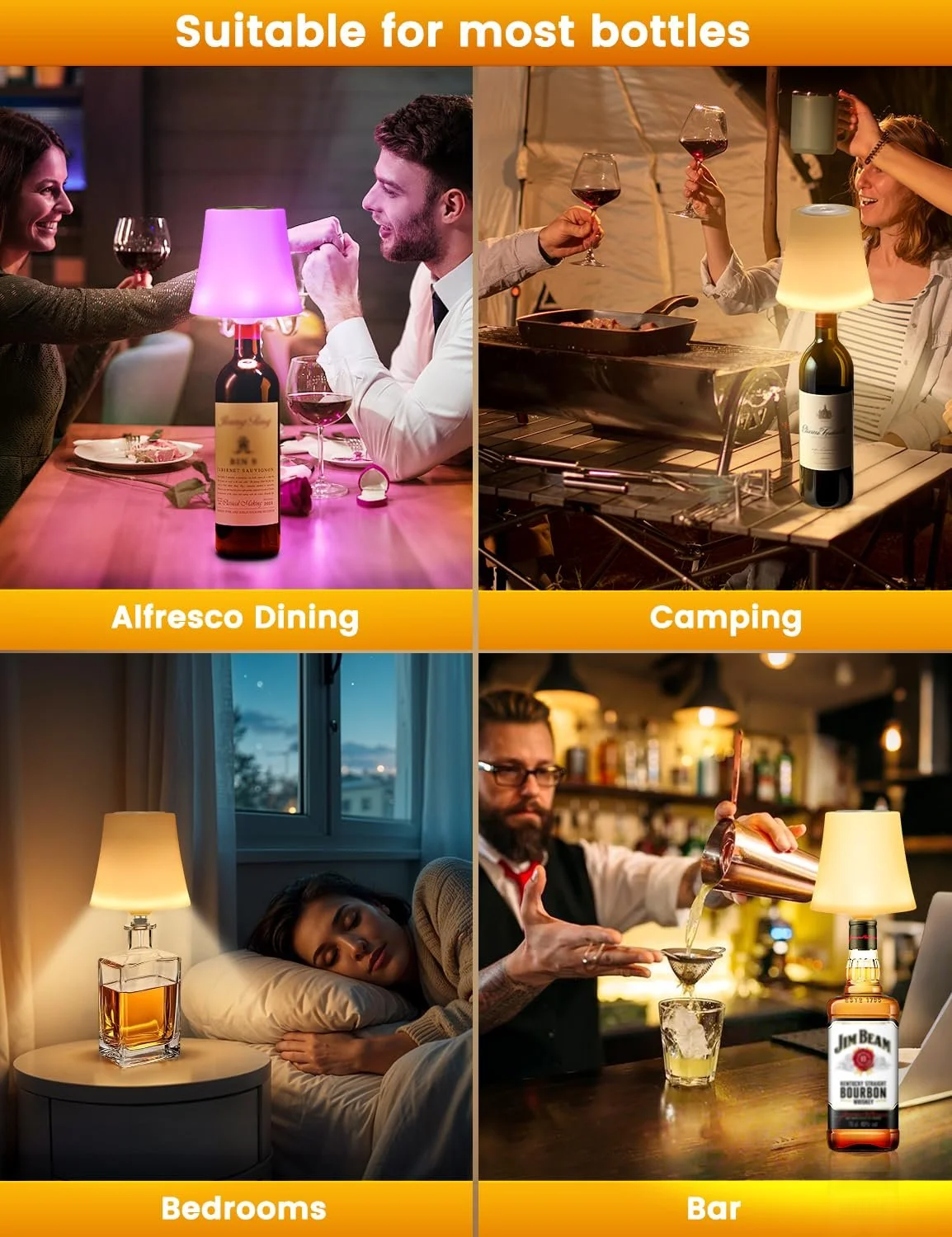 Настільні лампи-насадки на пляшку Набір із 2 шт LED Бездротові IP54 Акумуляторні 3 режими RGB Димовані, фото №7