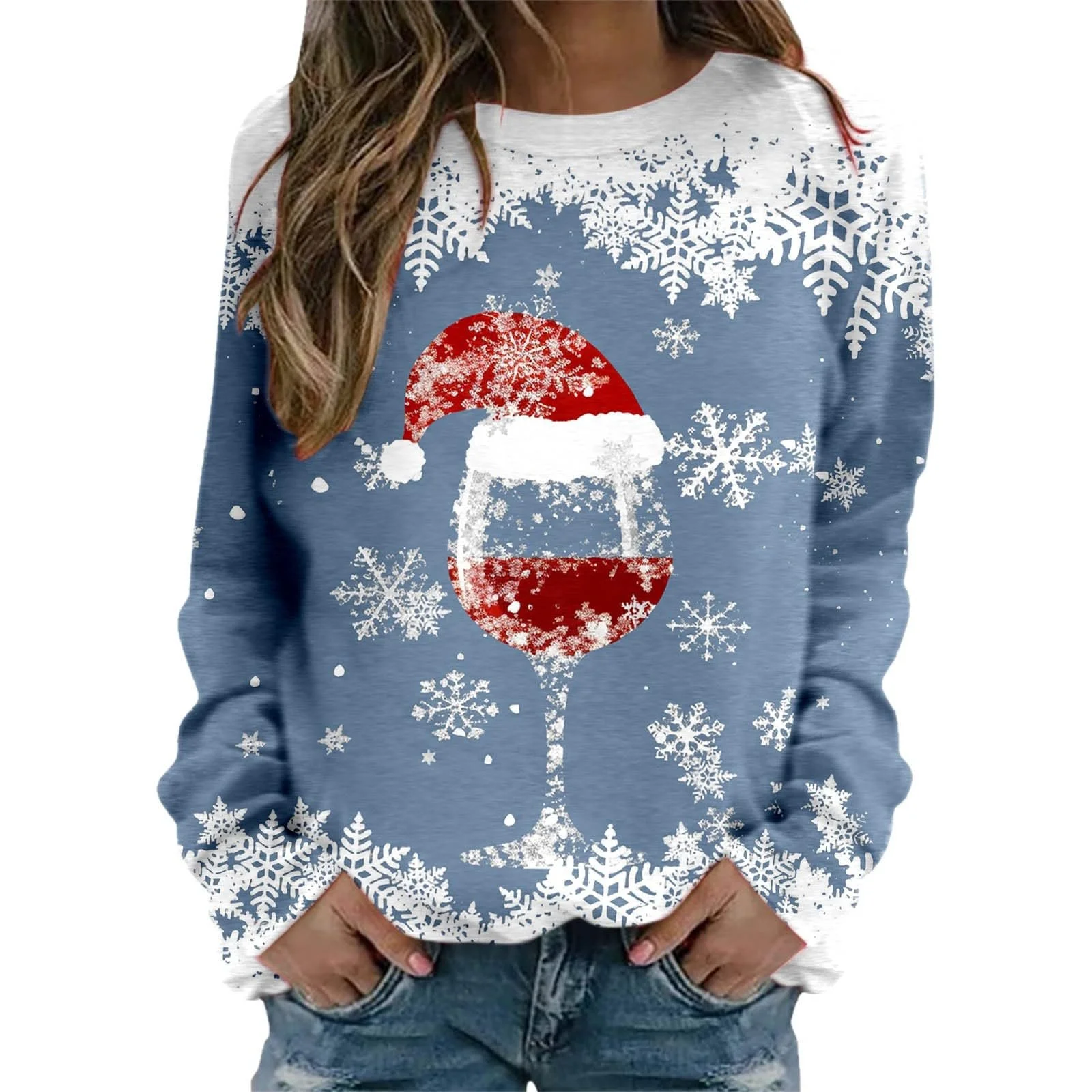 Рождественский Свитшот Женский Рождественский Свитшот с Длинными Рукавами 3D Принт Винного Бокала Рождественская Блузка, фото №1