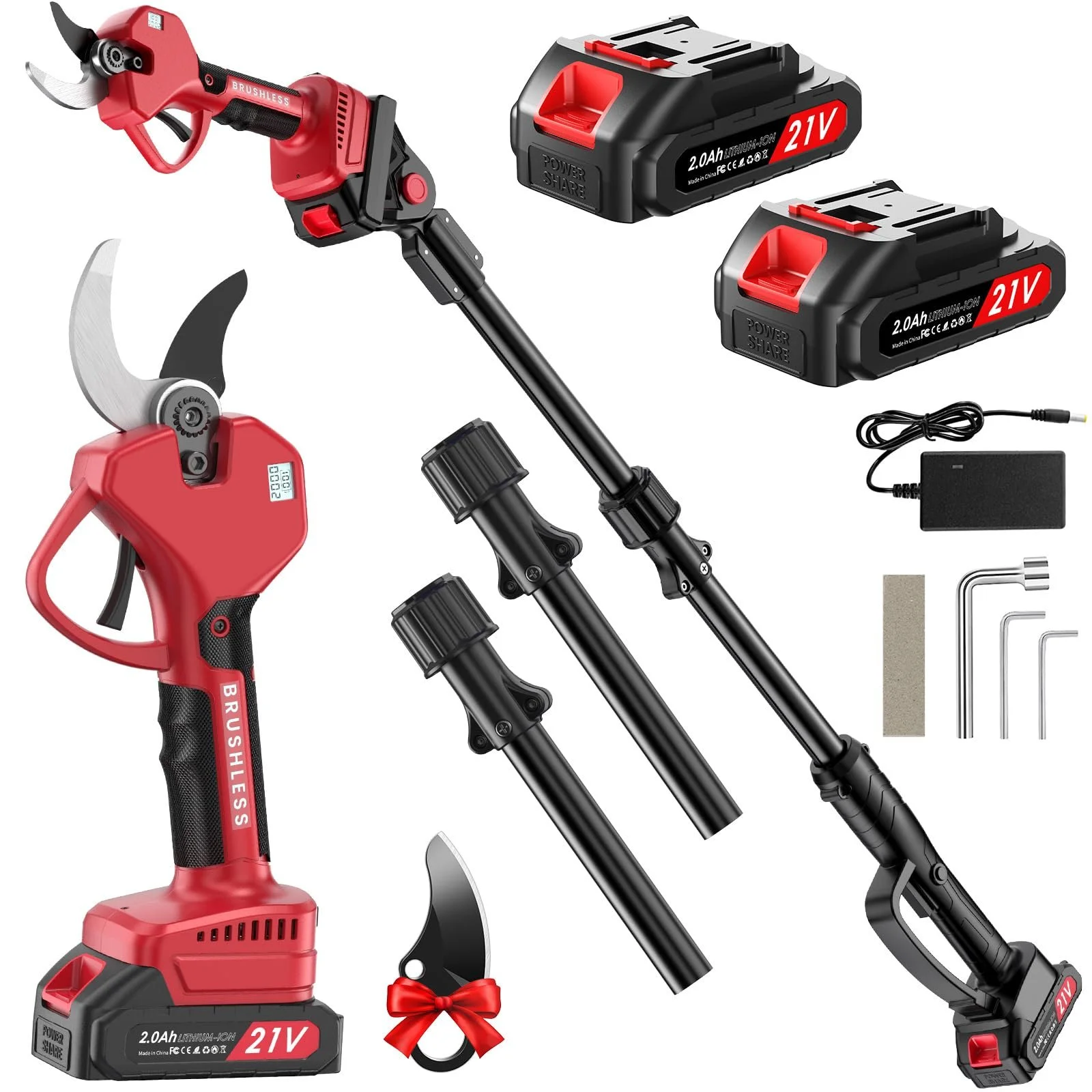 Акумуляторний сучкоріз 2-в-1 з телескопічною штангою 50 мм з 2 акумуляторами 21 В 2000 мАг, РК-дисплеєм, подовженням 2,5 м, 6-10 годинами роботи, безщітковим двигуном, фото №1