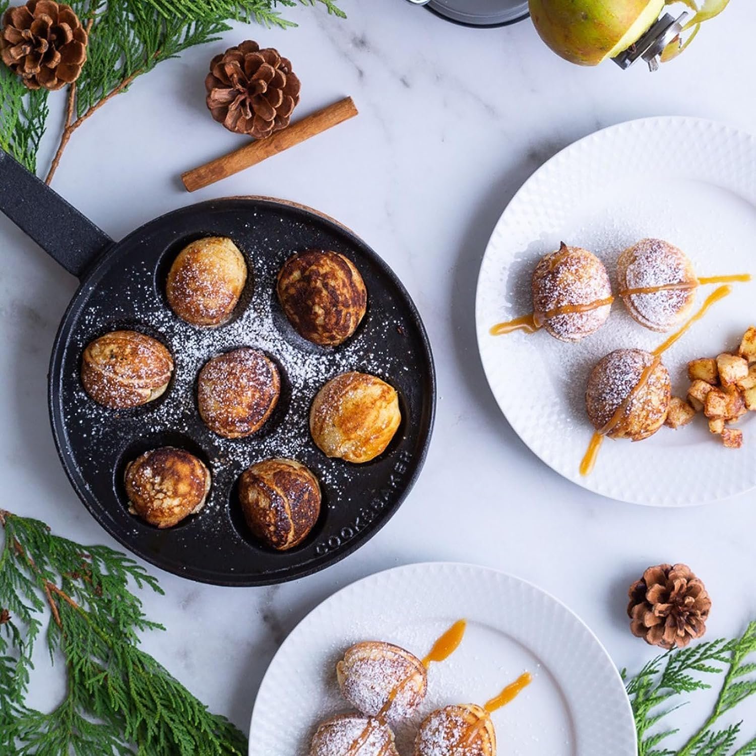 Сковорода-гриль WUWEOT для Aebleskiver чавунна 5 см для Poffertjes, 7 отворів, для данських млинців, півсферична форма для Takoyaki з поворотними стержнями, фото №4