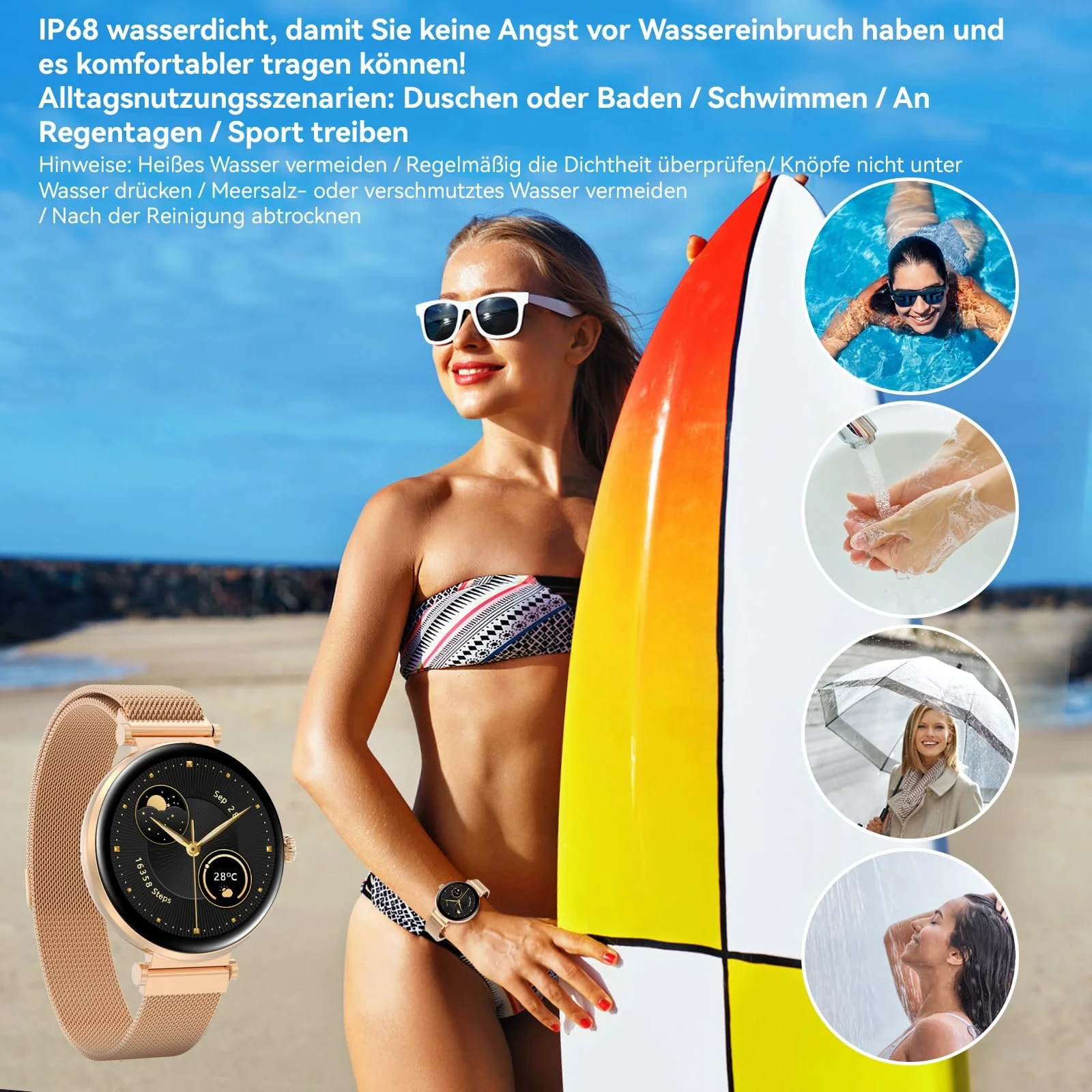 Умные часы Bebinca Женские, 1.32-дюймовый HD квадратный сенсорный экран, розовое золото, фото №5