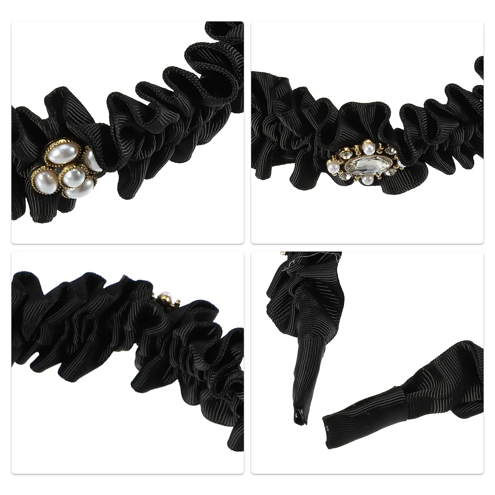 Обруч VOCOSTE Плісирований зі стразами, штучний перли, жіночий, чорний, фото №3