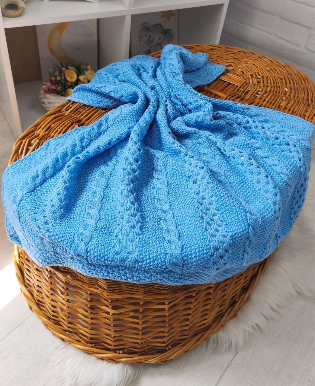 Детский вязаный плед с хлопковой подкладкой, 90 х 90 см, голубой, фото №1
