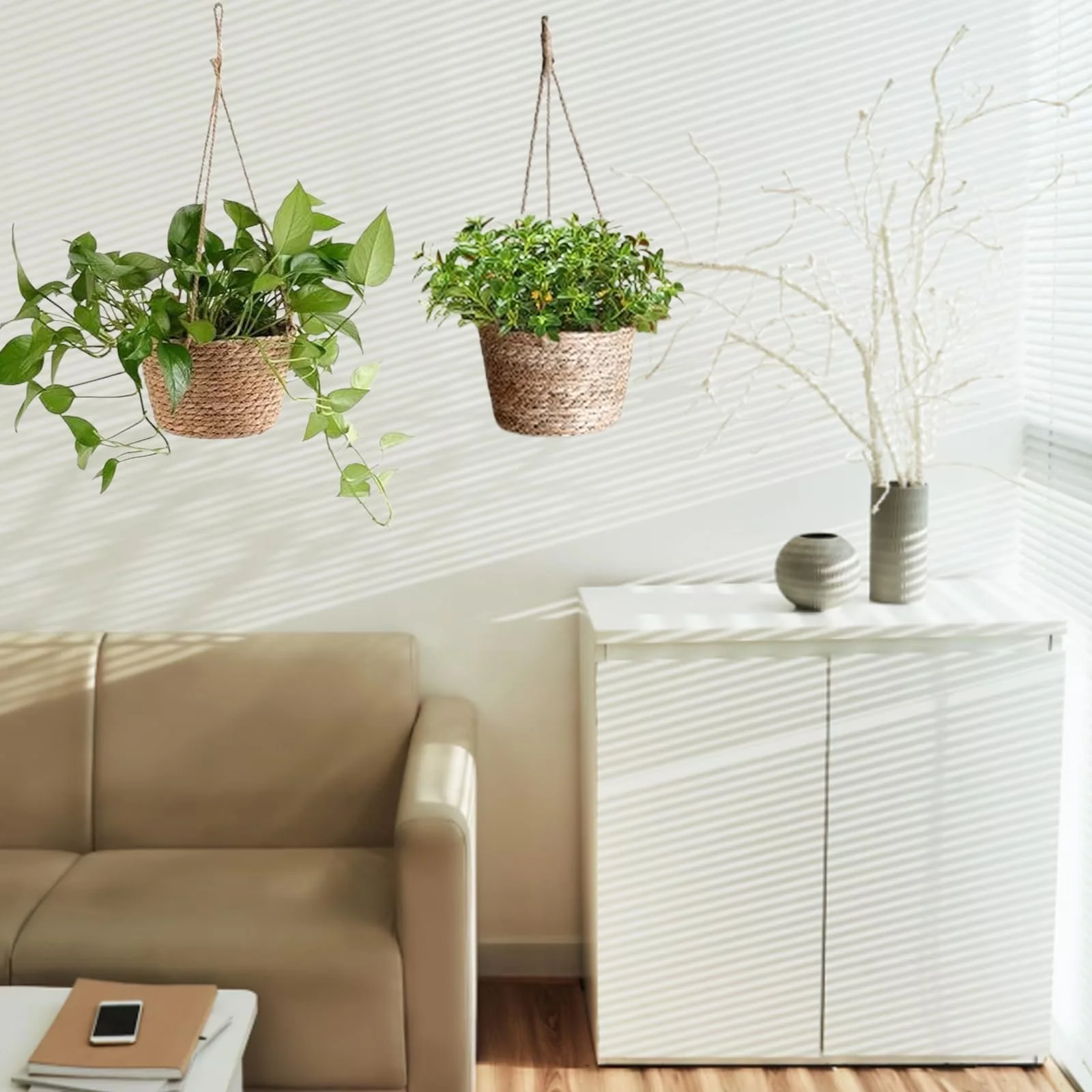 Підвісний плетений кошик для кашпо макраме бавовняна мотузка, фото №5