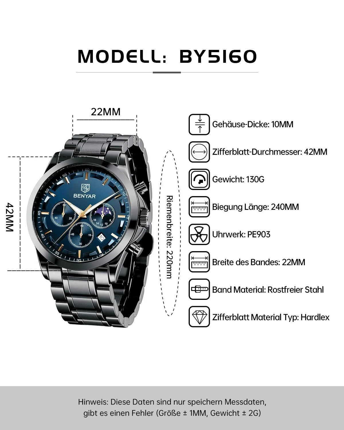 Чоловічий годинник Benyar Chronograph Gold / Silver / Blue / Black, фото №6