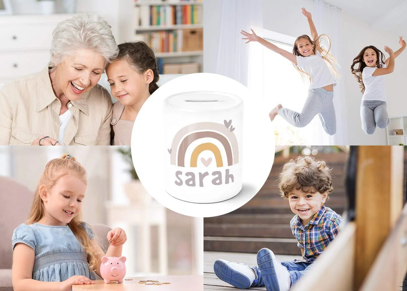 Скарбничка дитяча керамічна з ім'ям Райдужні серця, фото №5