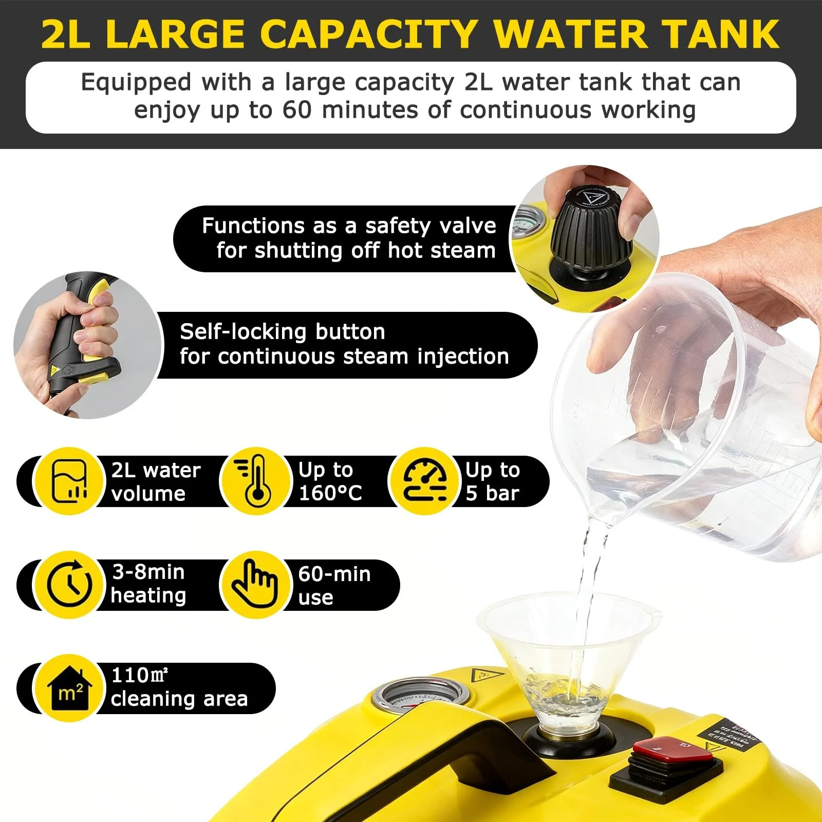 Пароочисник 2000 Вт 5 бар 108 м² 2 л з набором для чищення підлоги та насадками для меблів і килимів, фото №4 Пароочисник 2000 Вт 5 бар 108 м² 2 л з набором для чищення підлоги та насадками для меблів і килимів, фото №4