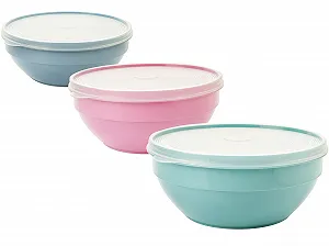 Набір чаш для змішування з кришками SUSTANIA 0.5 л 3 шт пластик Light Grey Pastel Pink Pastel Green - Фото 1