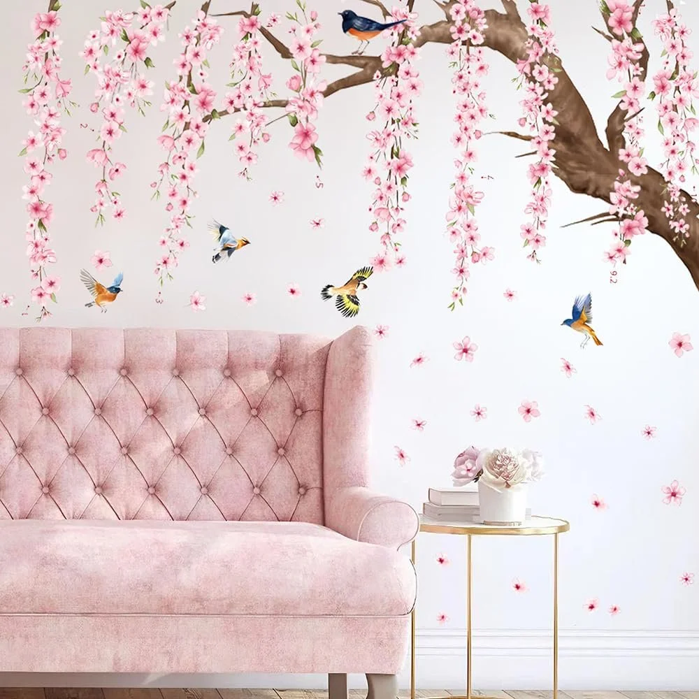 Наклейки на стіну Квіти персика та птахи DIY Рожеві, фото №4