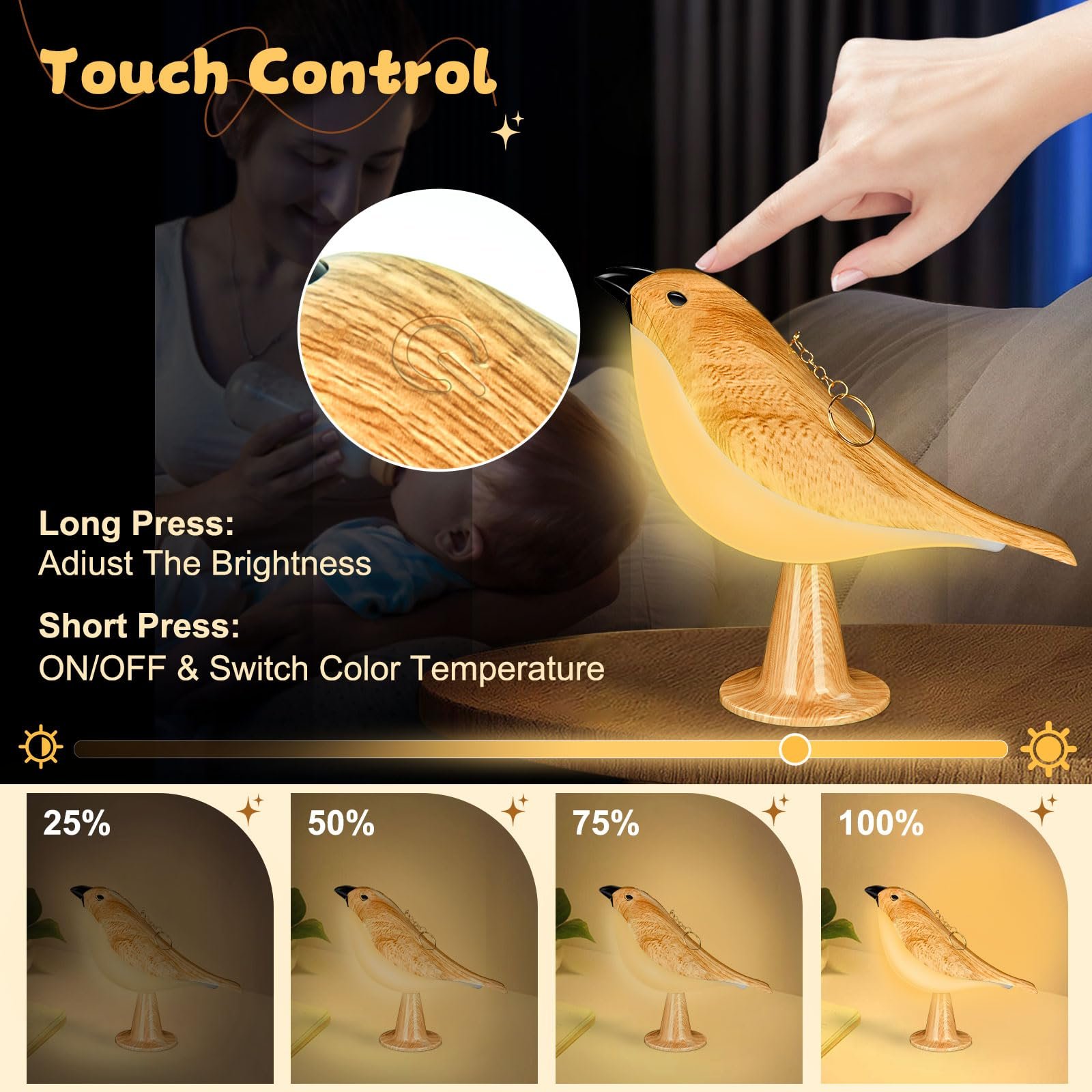 Настільна лампа LAVAED Bird Touch USB Акумуляторна Сенсорне керування Жовта, фото №4