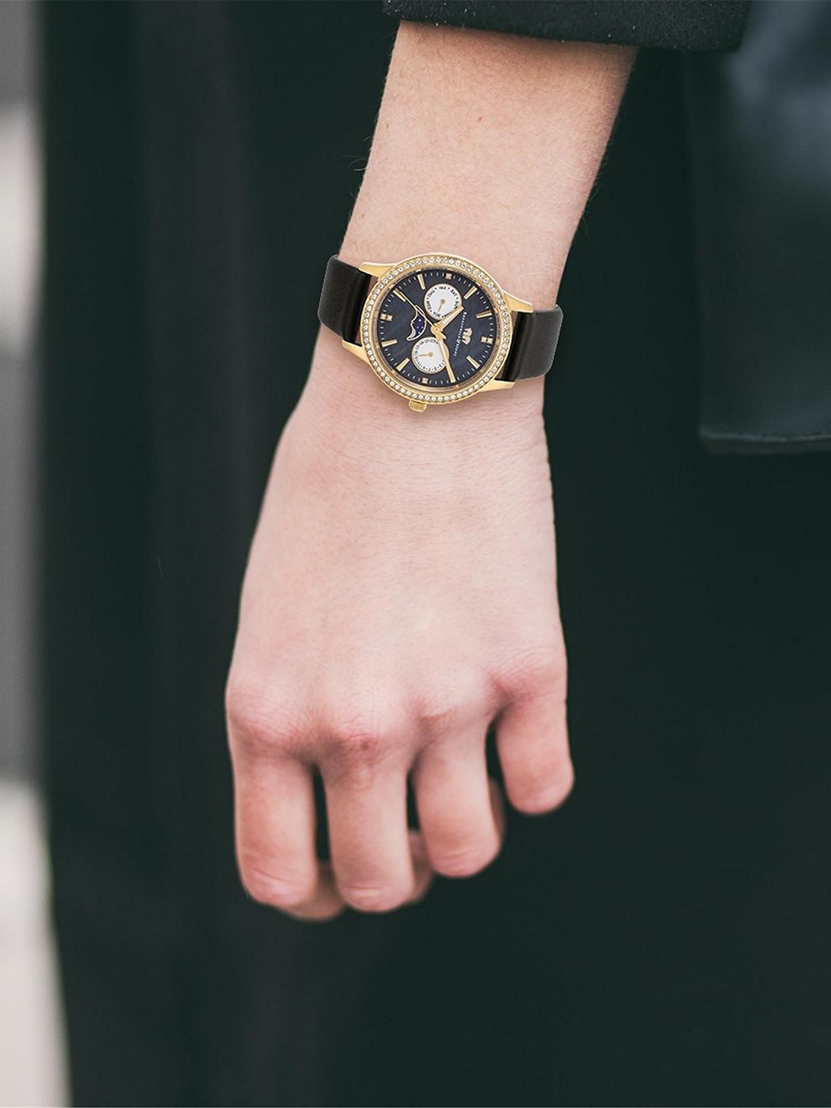 Женские часы Rhodenwald & Söhne, аналоговые, кварцевые, многофункциональные, 10010432, черные, с кристаллами, золотой, с ремешком из натуральной кожи, фото №4