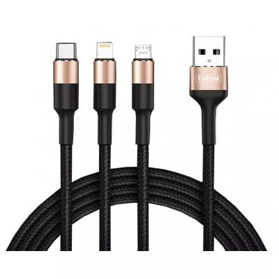 Дата кабель USB 2.0 AM to Lightning Micro 5P Type-C 1.2m T-F815 T-PHOX (T-F815 Mix Black/Gold, фото №1
