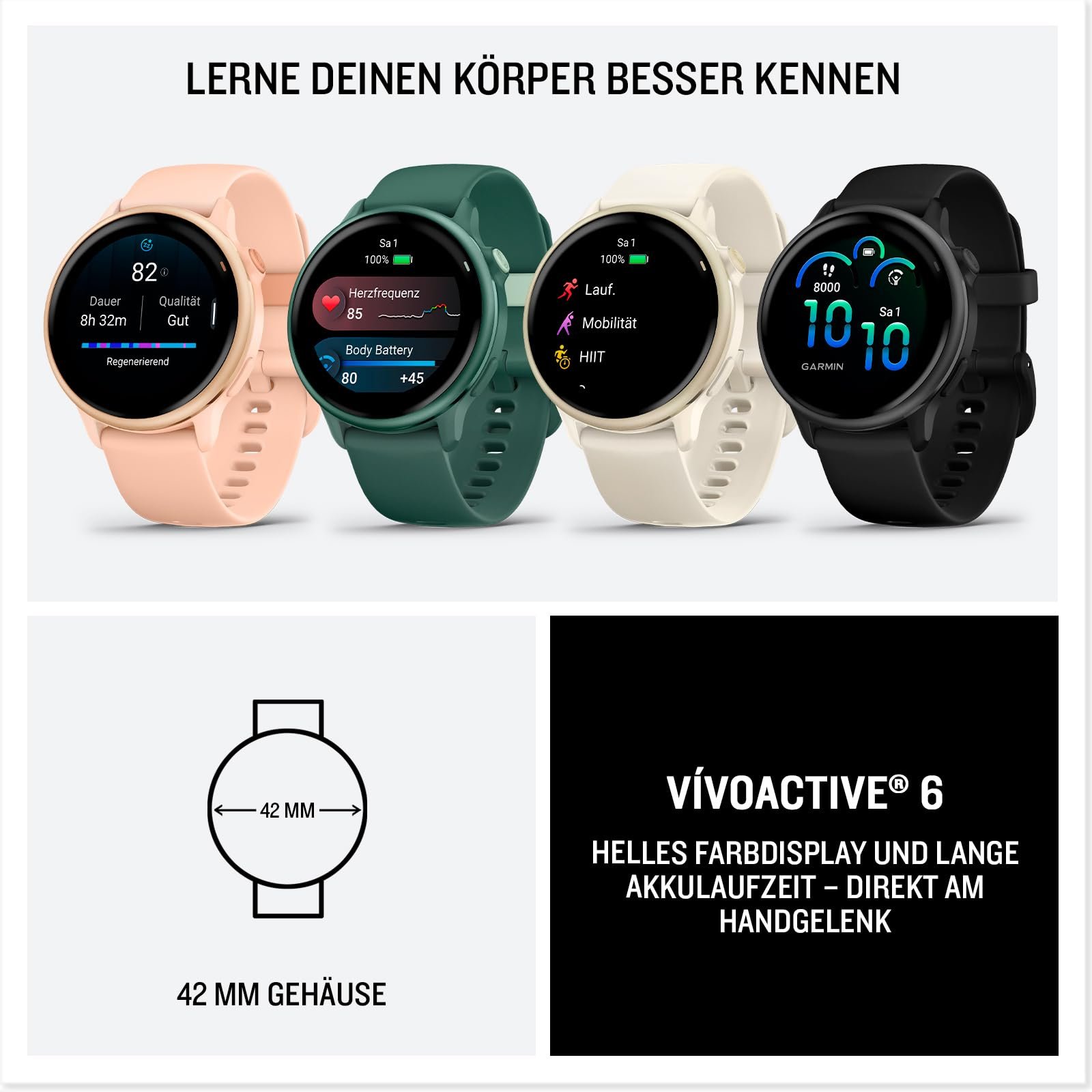 Фітнес смарт-годинник Garmin vívoactive 6 42 мм, 1.2-дюймовий сенсорний AMOLED-дисплей, до 11 днів автономної роботи, 80+ спортивних додатків, варіанти тренувань, функції здоров'я, смарт-сповіщення, GarminPay, фото №8