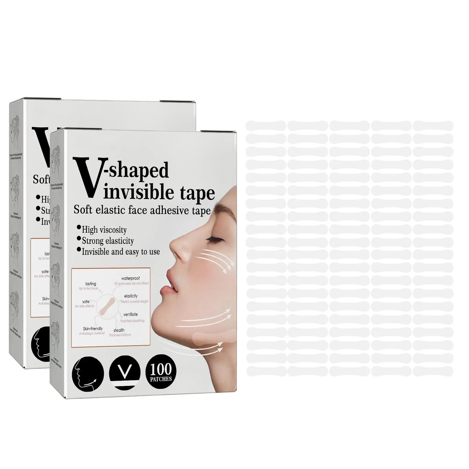 Маска для лица антивозрастная Plaster, Лента для подтяжки лица, Двойная упаковка со 100 прозрачными штуками, фото №1