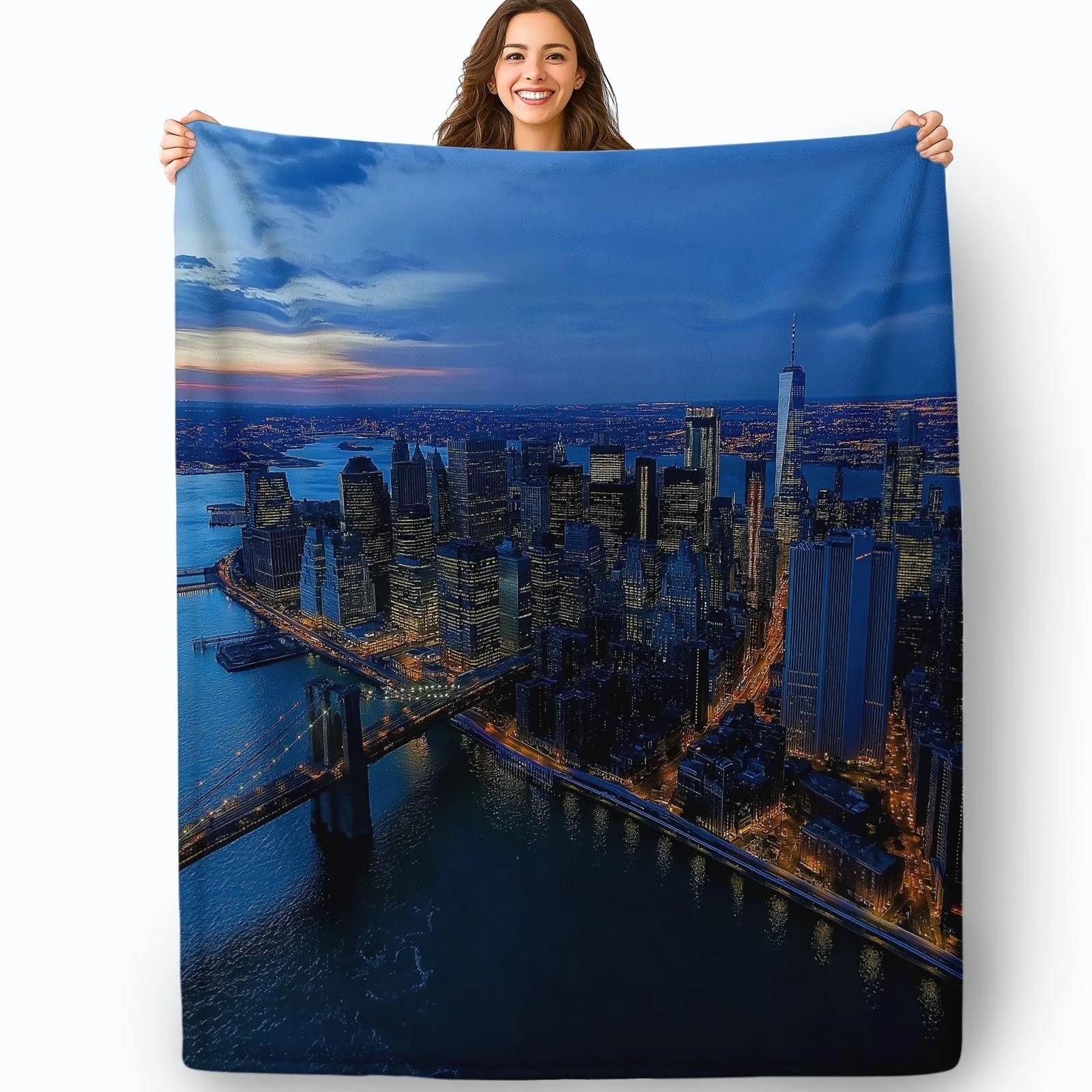 Шерпа Одеяло Темно-синий Флис Пушистые Одеяла, для Подростков Побережье Город Здания Ночная Сцена Весеннее Украшение, Покрывало на кровать Диванное одеяло для подарка 180 x 220 см Стирка Одеяло, фото №6